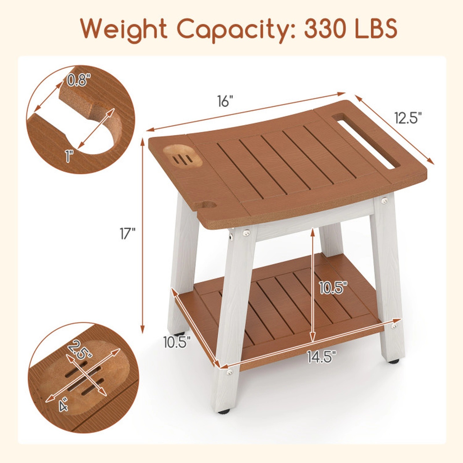 SUGIFT Sprayer Holder Storage Shelf White Legs Polystyrene Shower Bench 16-in x 12.5-in x 17-in 330-lb Capacity Brown