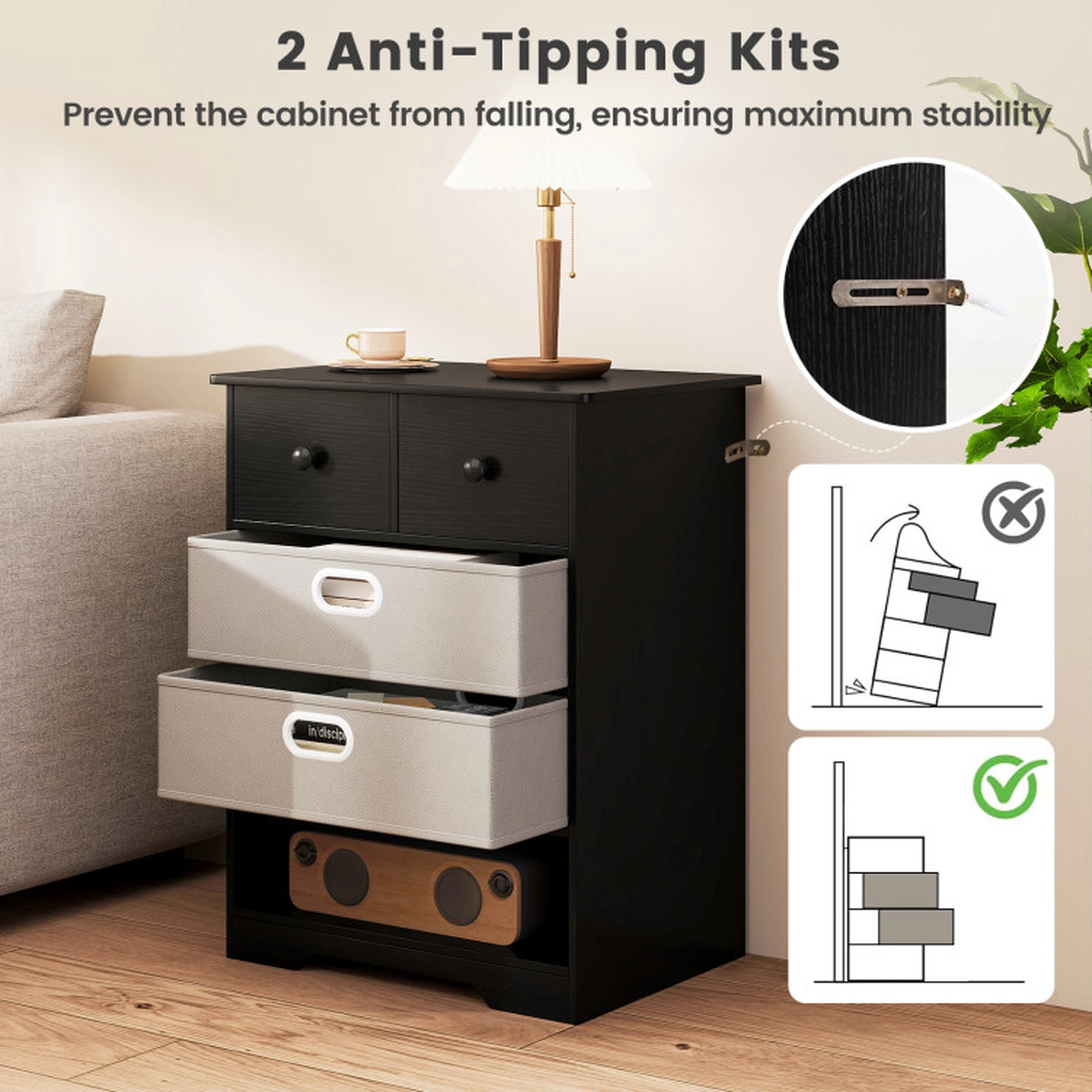 SUGIFT 4-Drawer Dresser Modern Accent Cabinet Storage Organizer with Open Shelves 100-lb Tabletop Capacity Black + Gray