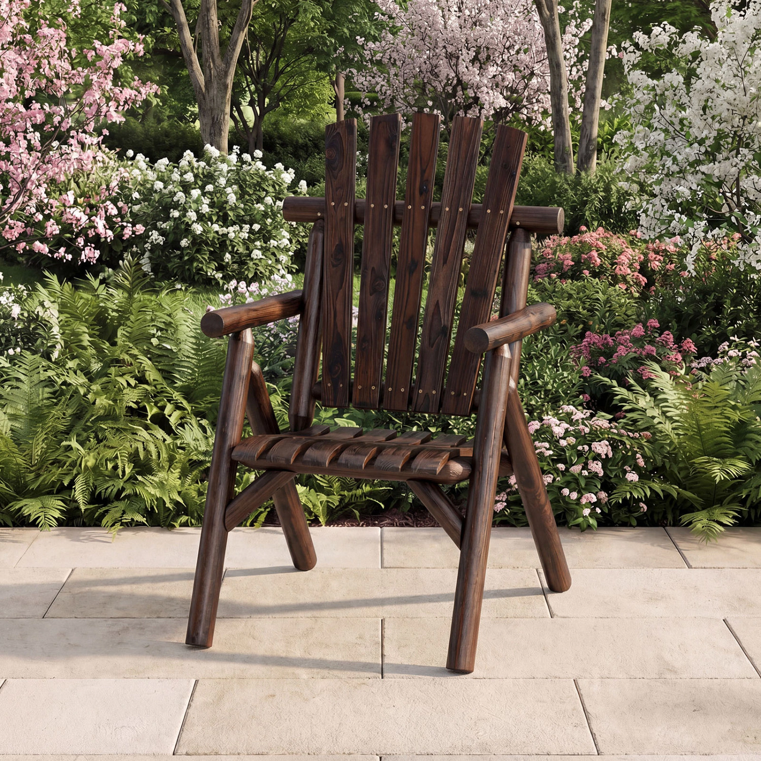 LJG Log Wood Patio Chair with Slatted Backrest for Deck Backyard