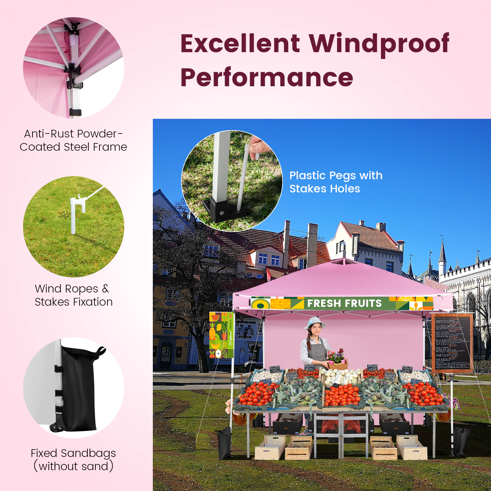 SUGIFT Pink Commercial Pop Up Canopy Tent with Roller Bag and Detachable Sidewall 10-ft W 10-ft D 8.9-ft H