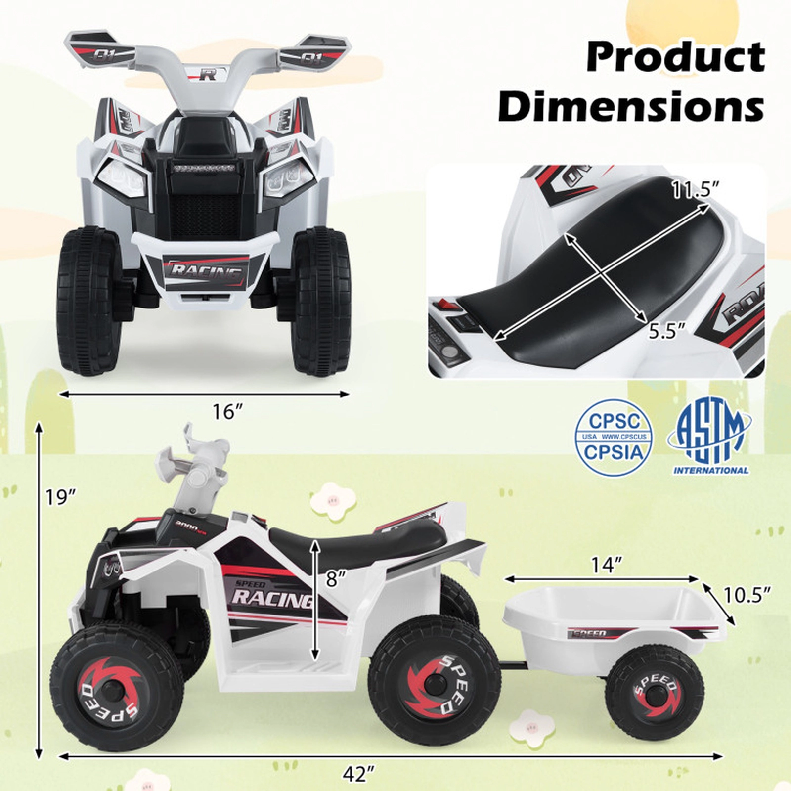 SUGIFT 6V Battery-Powered Kids Electric ATV Quad Car with Detachable Trailer 66-lb Capacity Ages 3+ 41-in Long White