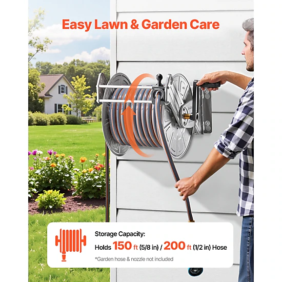 HONGGE Heavy-Duty Wall Mounted Garden Hose Reel Holds 5/8-inch Hose Outdoor Winder