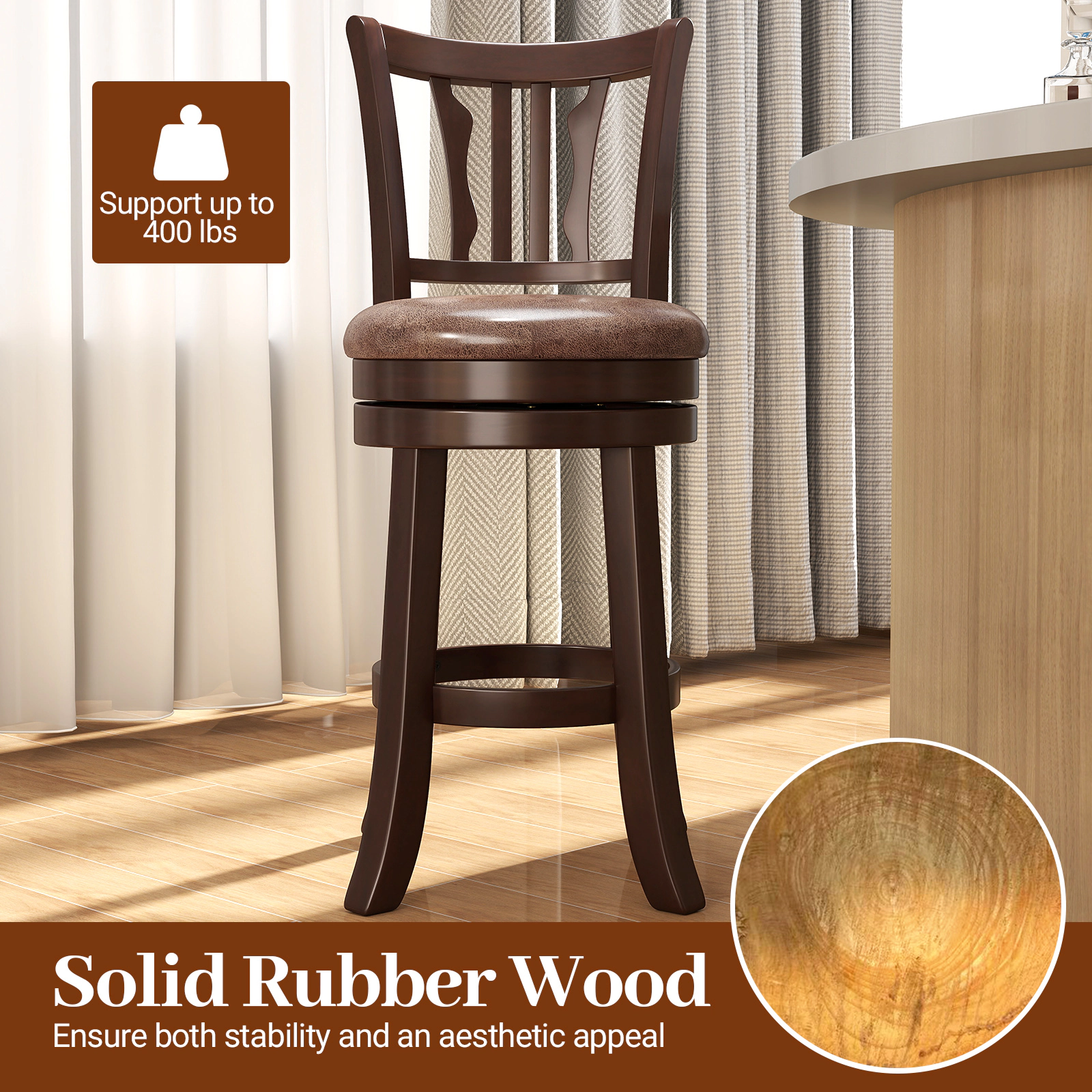 SUGIFT 360° Swivel Counter Height Bar Stools Set of 2 with Back 400-lb Capacity 26-in Seat Height Cappuccino