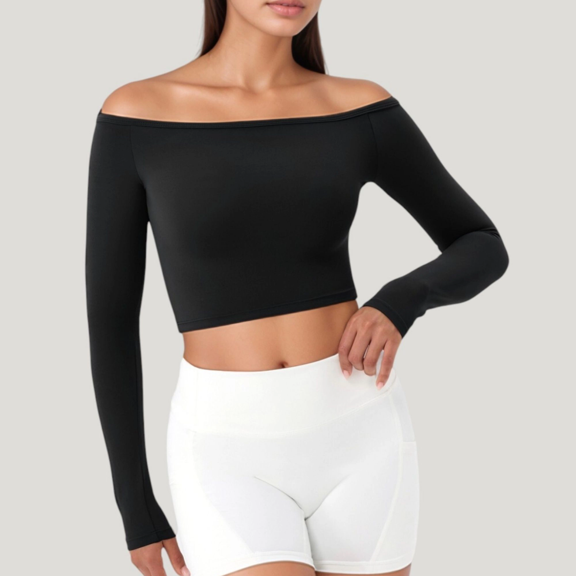 Anna-Kaci Women's Off Shoulder Long Sleeve Activewear Crop Top with Streamlined Fit and Lightweight Stretch Fabric
