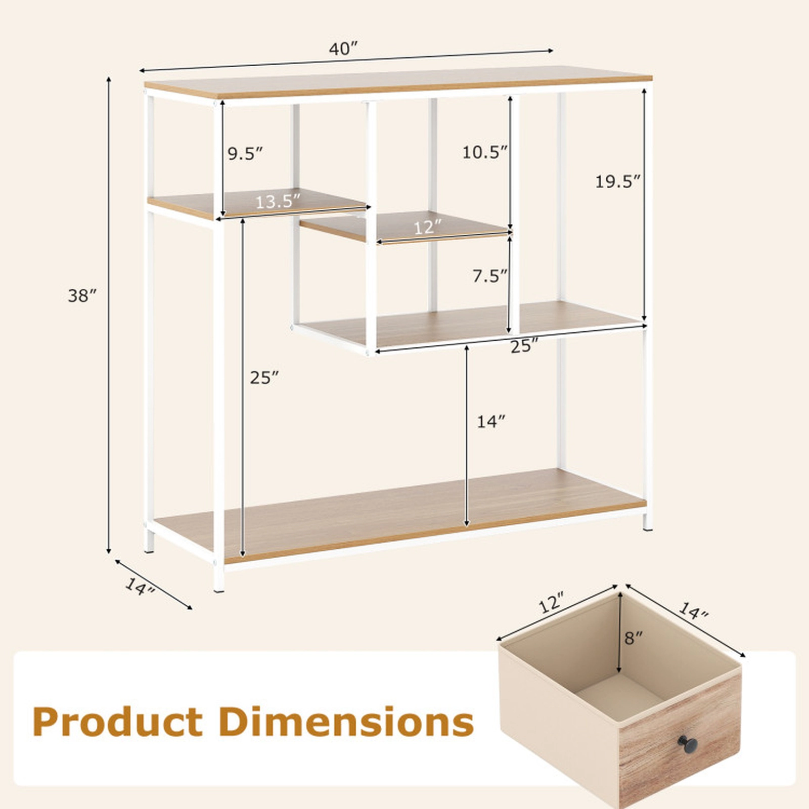 SUGIFT 4 Open Shelves Fabric Drawer Metal Frame Behind Sofa Console Table 40-in x 14-in x 38-in 88-lb Capacity Natural