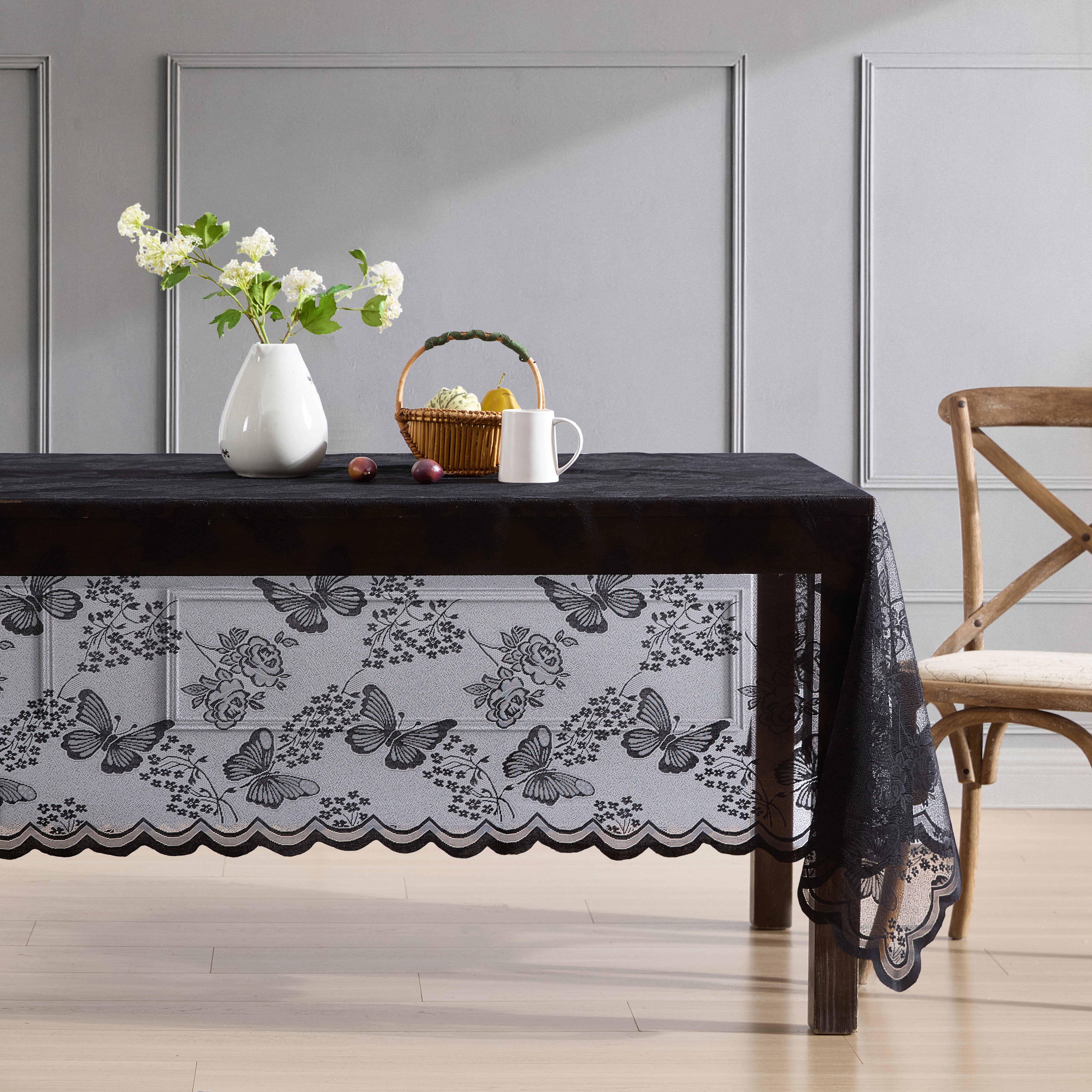 HLC.ME Butterfly Floral Scalloped Lace Fabric Wrinkle Resistant Tablecloth
