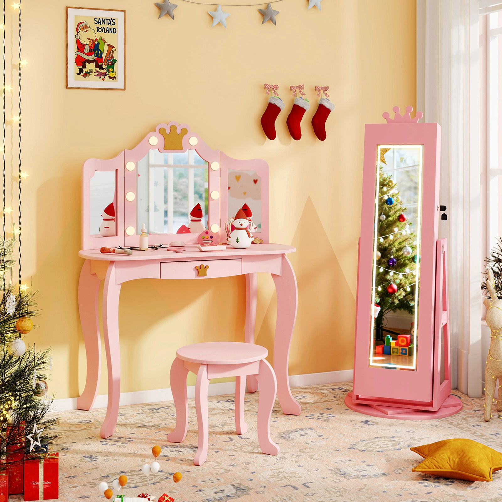 SUGIFT Kids Jewelry Armoire with 32.5-in Lighted Full-Length Mirror and 45-in Rotating Inner Mirror Cabinet