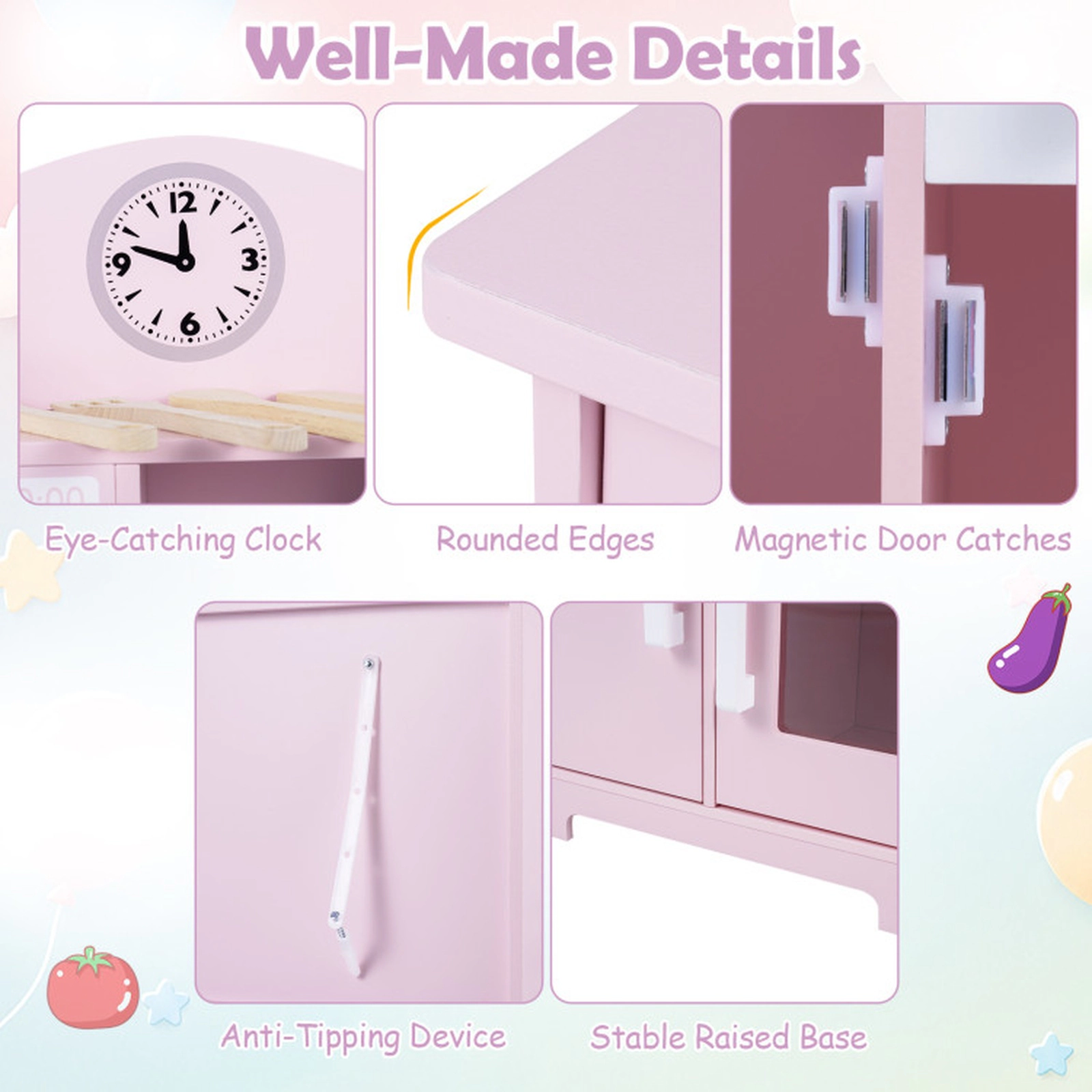 SUGIFT Multi-Functional Wooden Play Kitchen Set with Range Hood and Microwave Ages 3+ Pink with Utensils