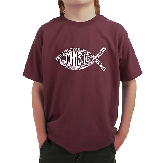 LA Pop Art Boy's Word Art T-Shirt - John 3:16 Fish Symbol