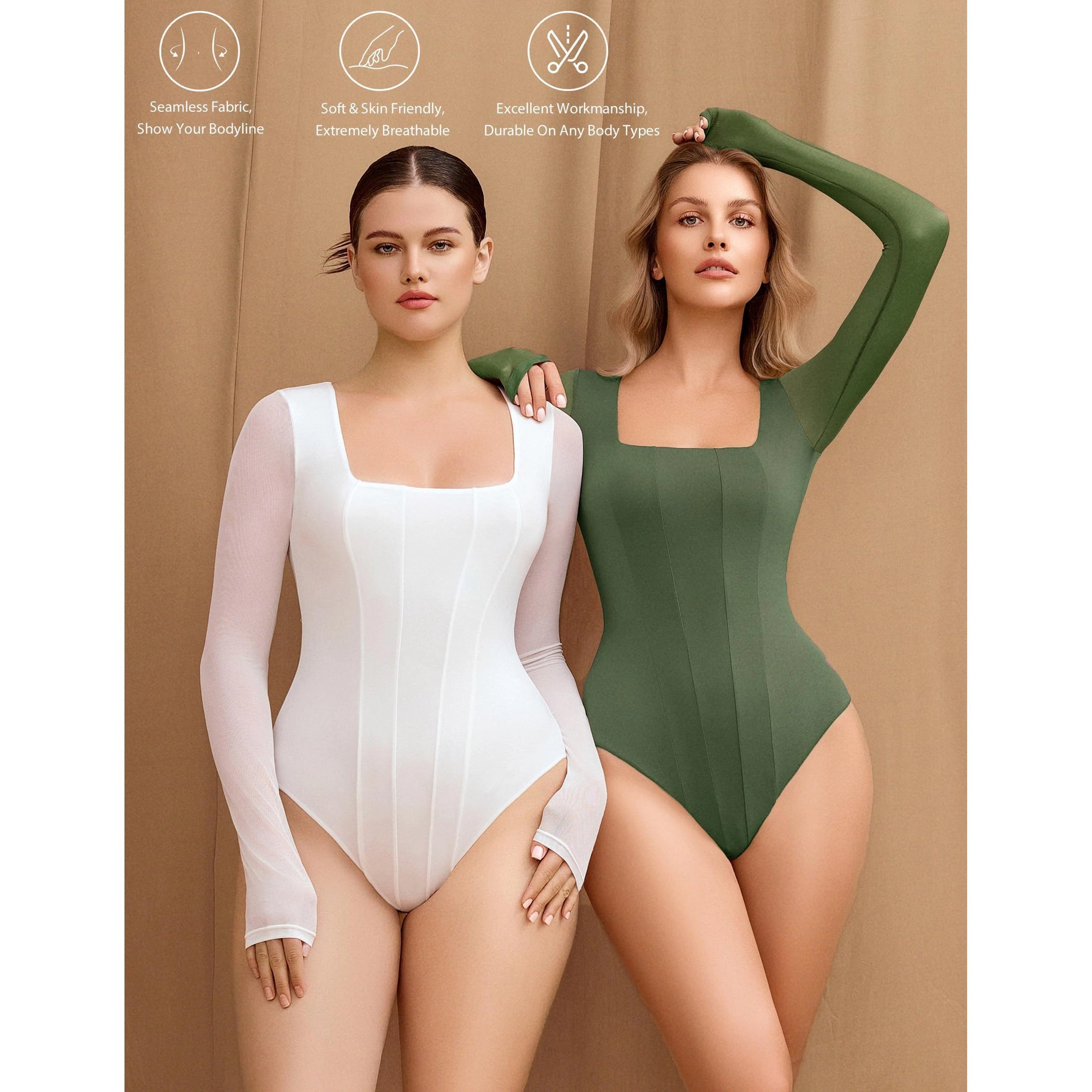 Avidlove Women's Long Sleeve Square Neck Mesh Double Lined Bodysuit Leotard