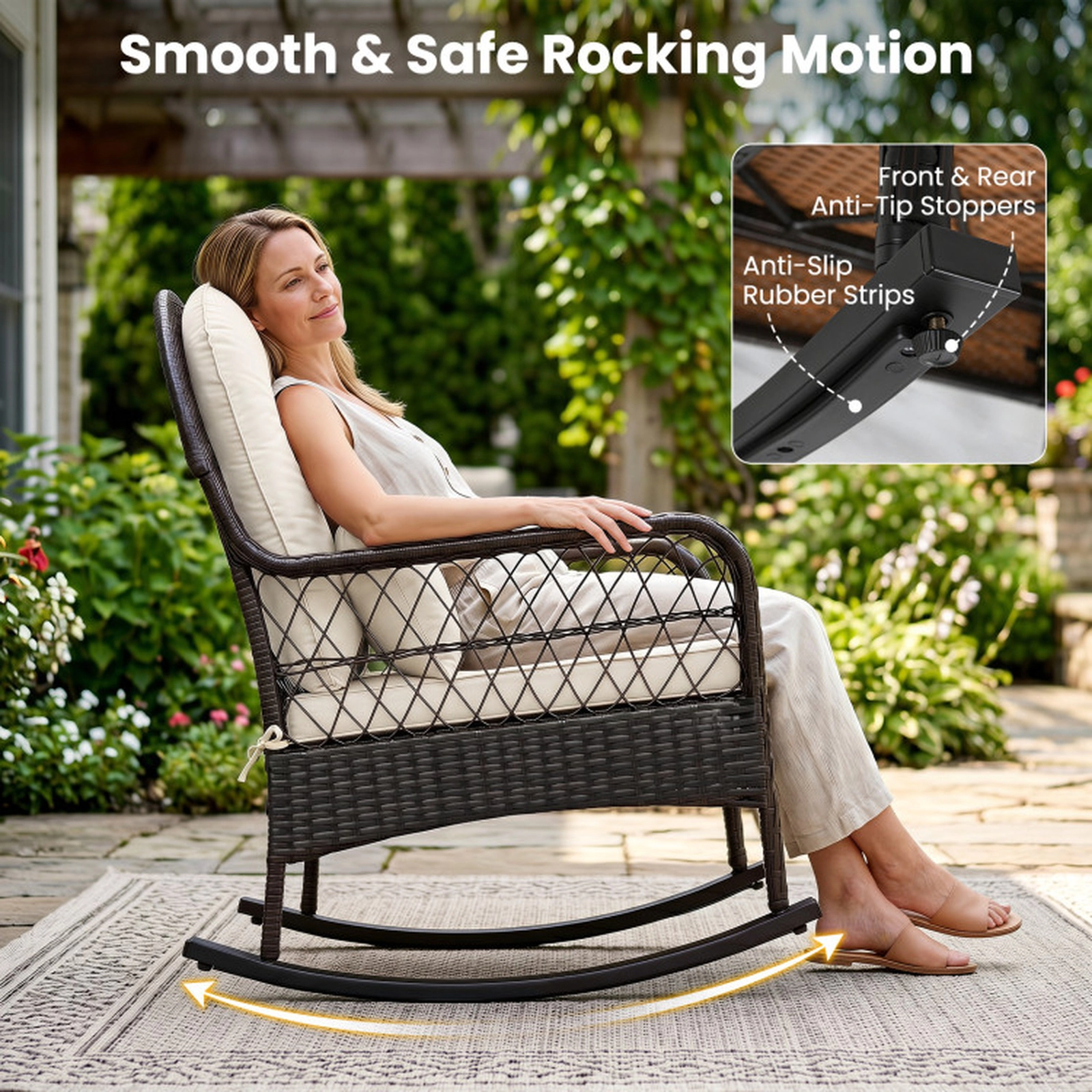 SUGIFT Outdoor PE Wicker Rocking Chair Anti-Tip Stoppers Lumbar Pillow Cushions 400-lb Capacity 25 x 29 x 34-in White