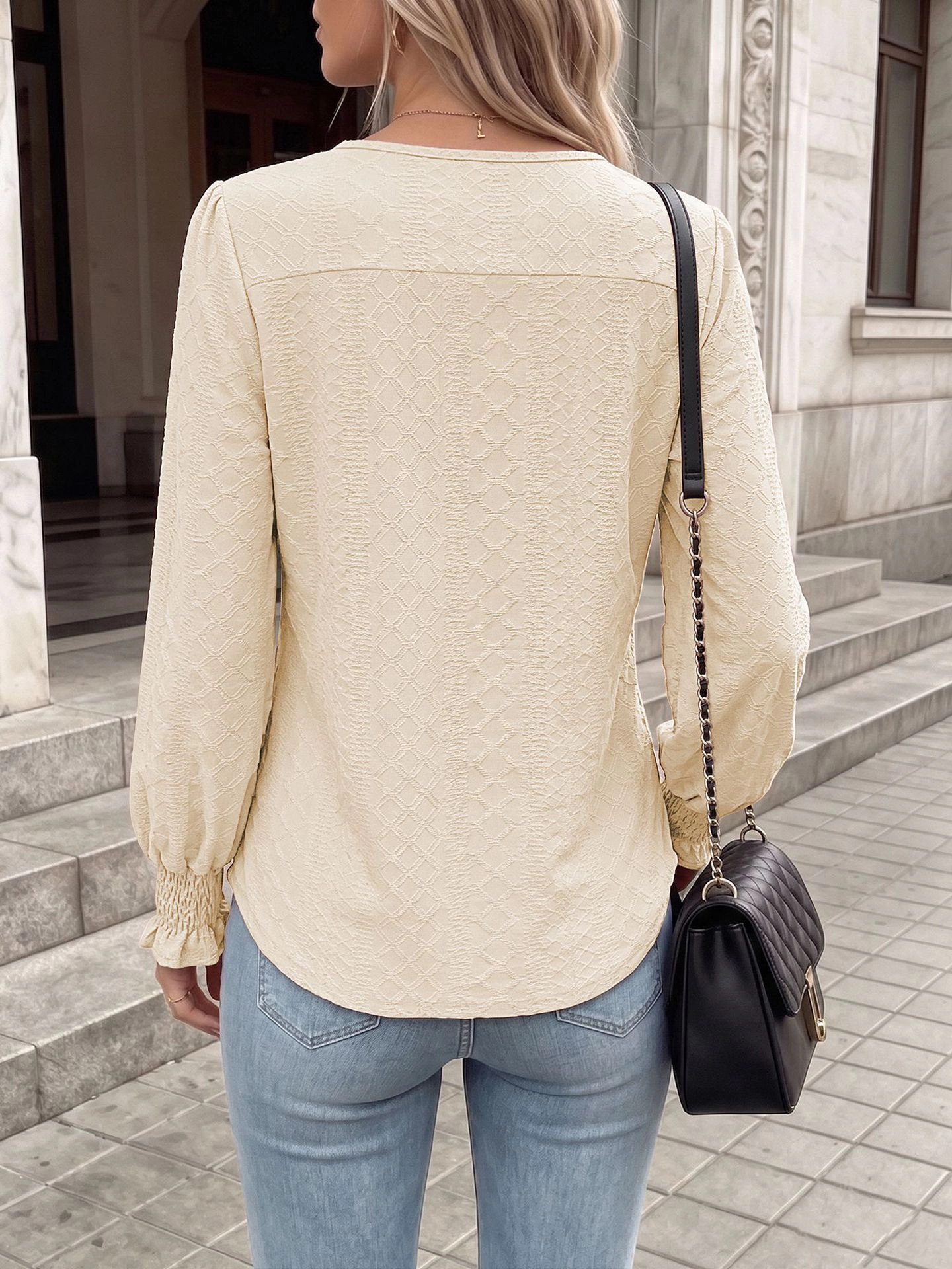 Enchanted Funland Womens Round Neck Textured Jacquard Puff Long Sleeve Ruffle Tops