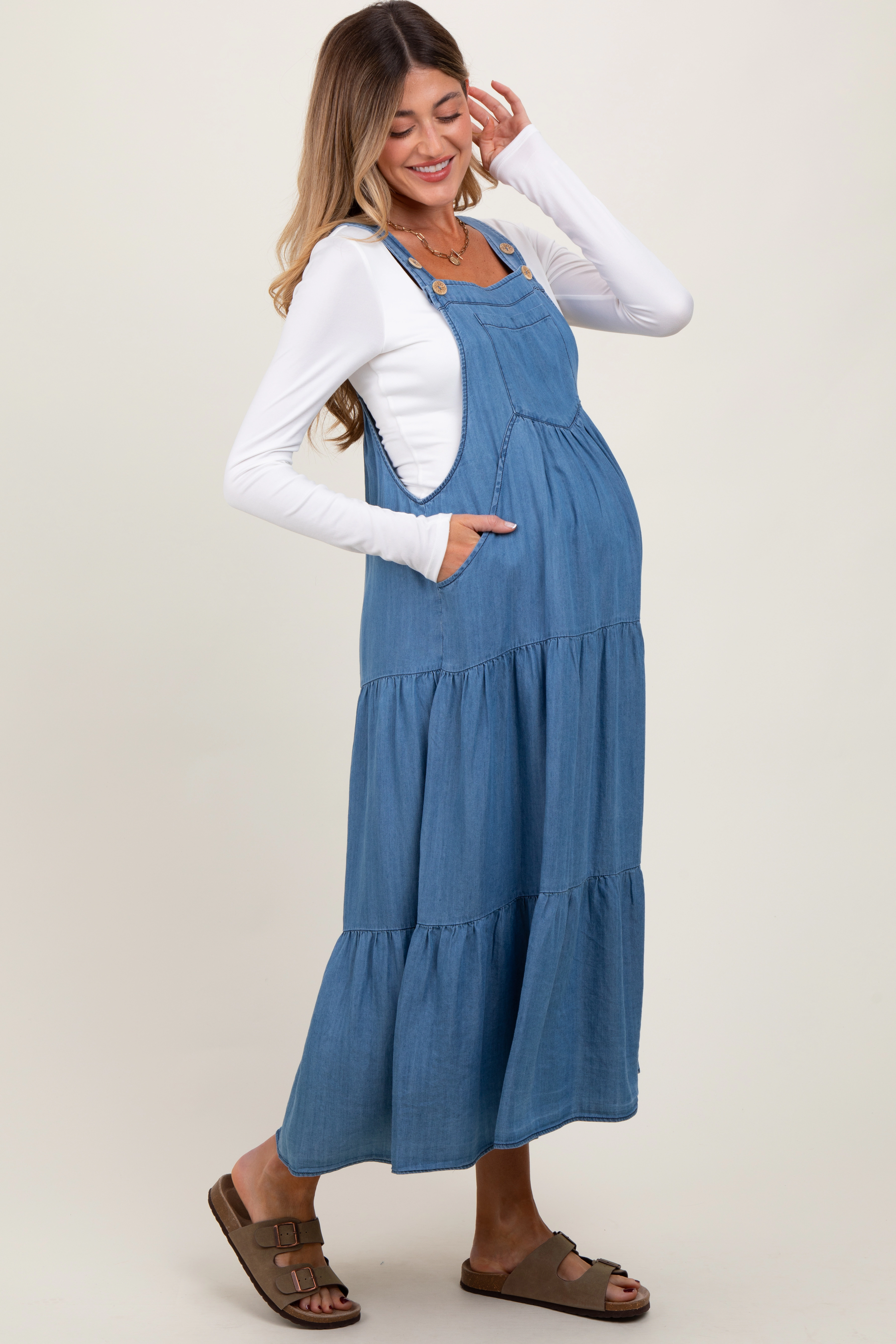 PinkBlush Womens Blue Chambray Overall Tiered Maternity Midi Dress