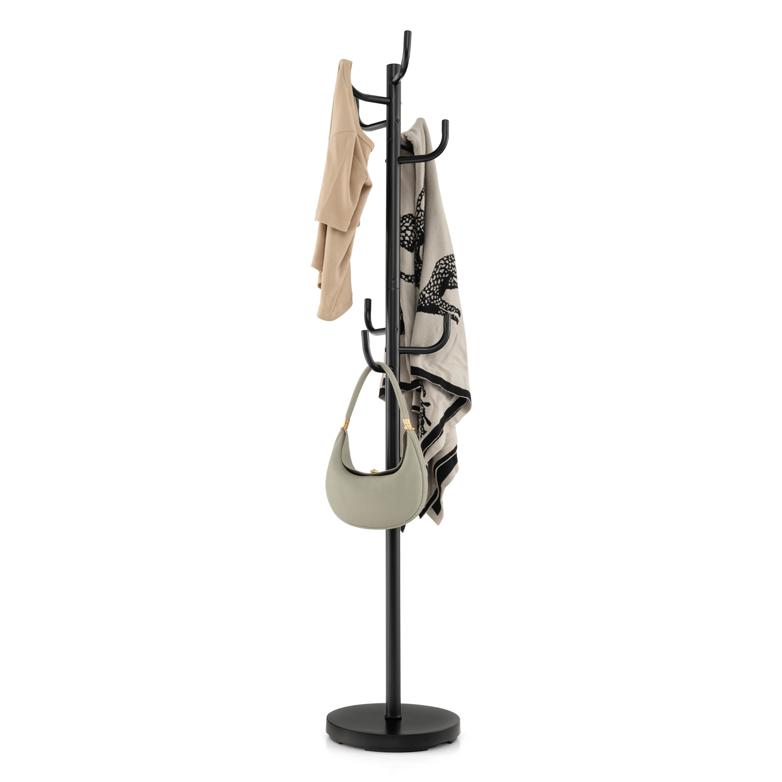 Glintex Freestanding Metal Coat Rack with 8 Hooks and Round Weighted Base, Black