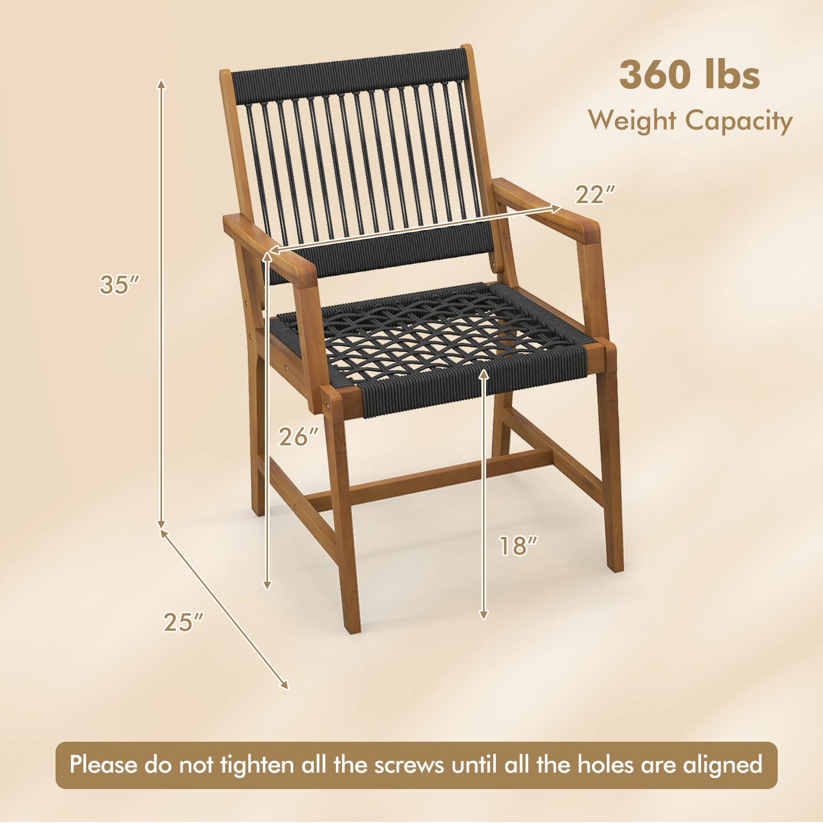SUGIFT Set of 2 Hand-Woven Rope Patio Acacia Wood Dining Armchairs 360-lb Capacity Black and Natural