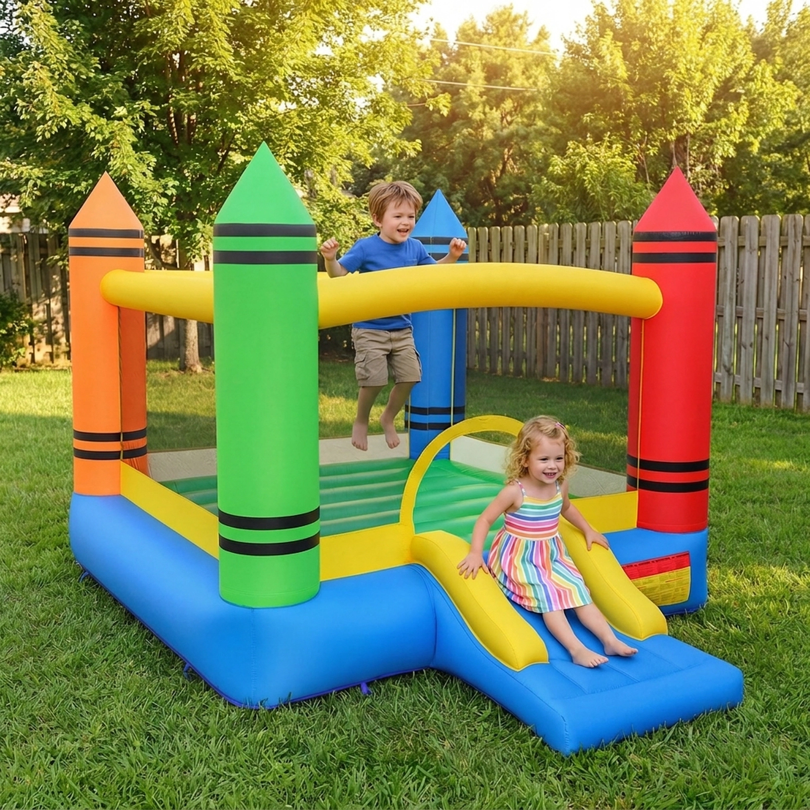 SUGIFT 550W Blower 2-in-1 Inflatable Bounce House Crayon Themed Kids Bouncer