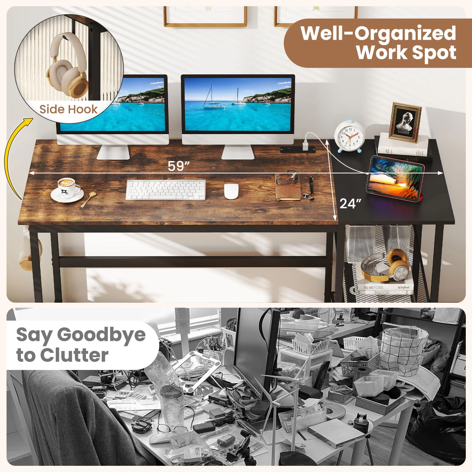 SlickBlue Home Office Desk with Metal Frame and Storage Shelf