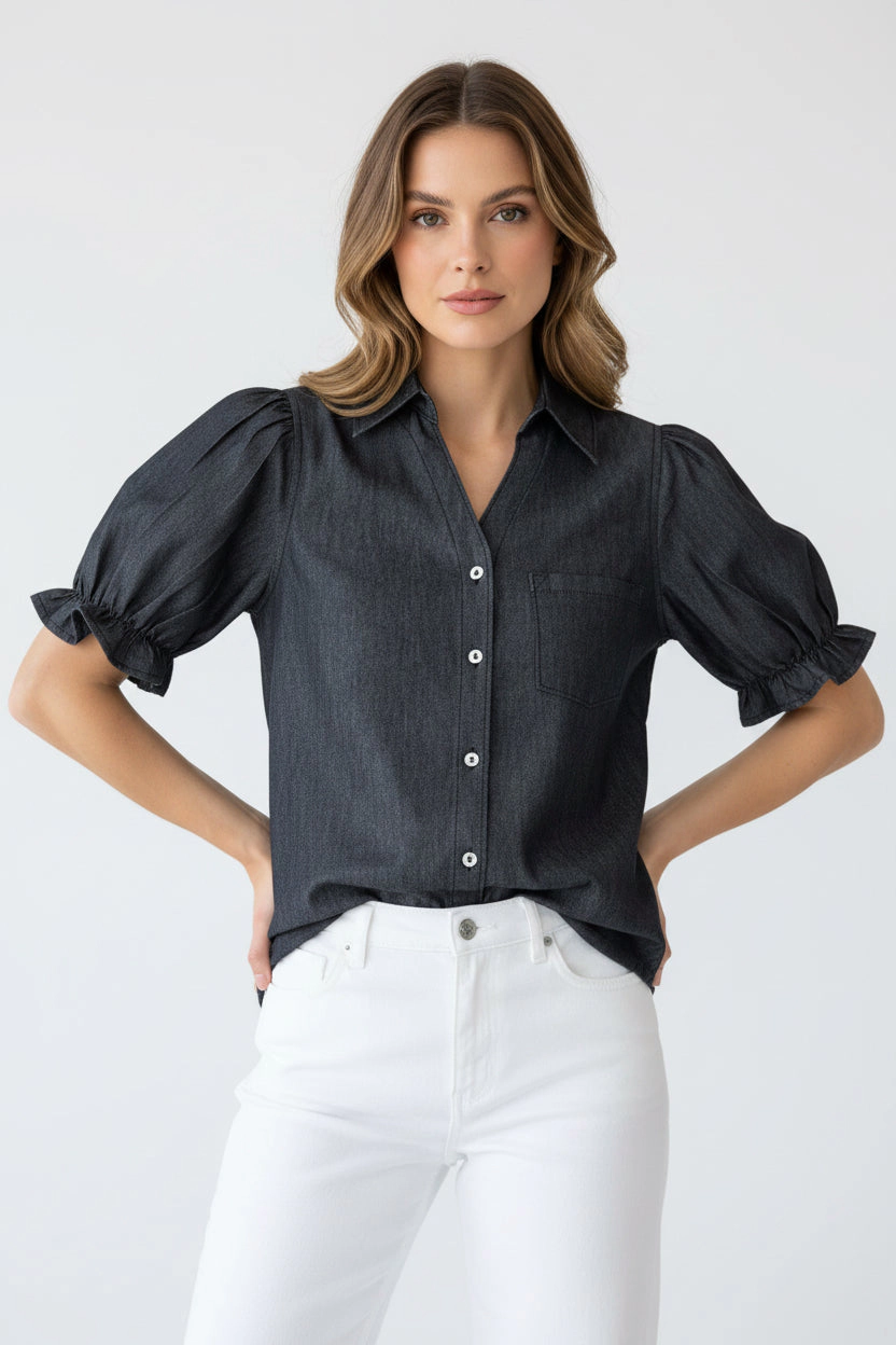 DressAtR Women's Black Denim V Neck Button Front Puff Sleeve Blouse
