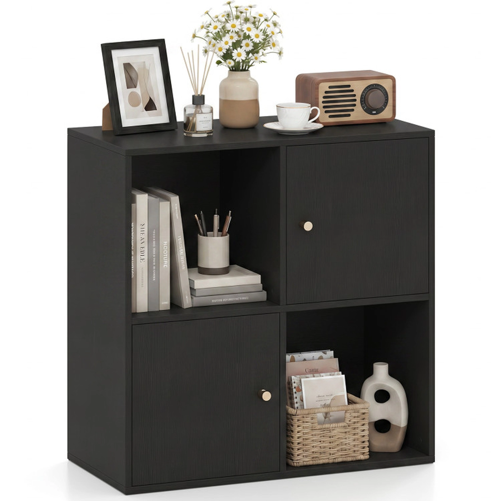 SUGIFT 4-Cube 3-Tier Bookcase with Dual Anti-Tipping Kits 110-lb Top Capacity with 2 Cabinets Black