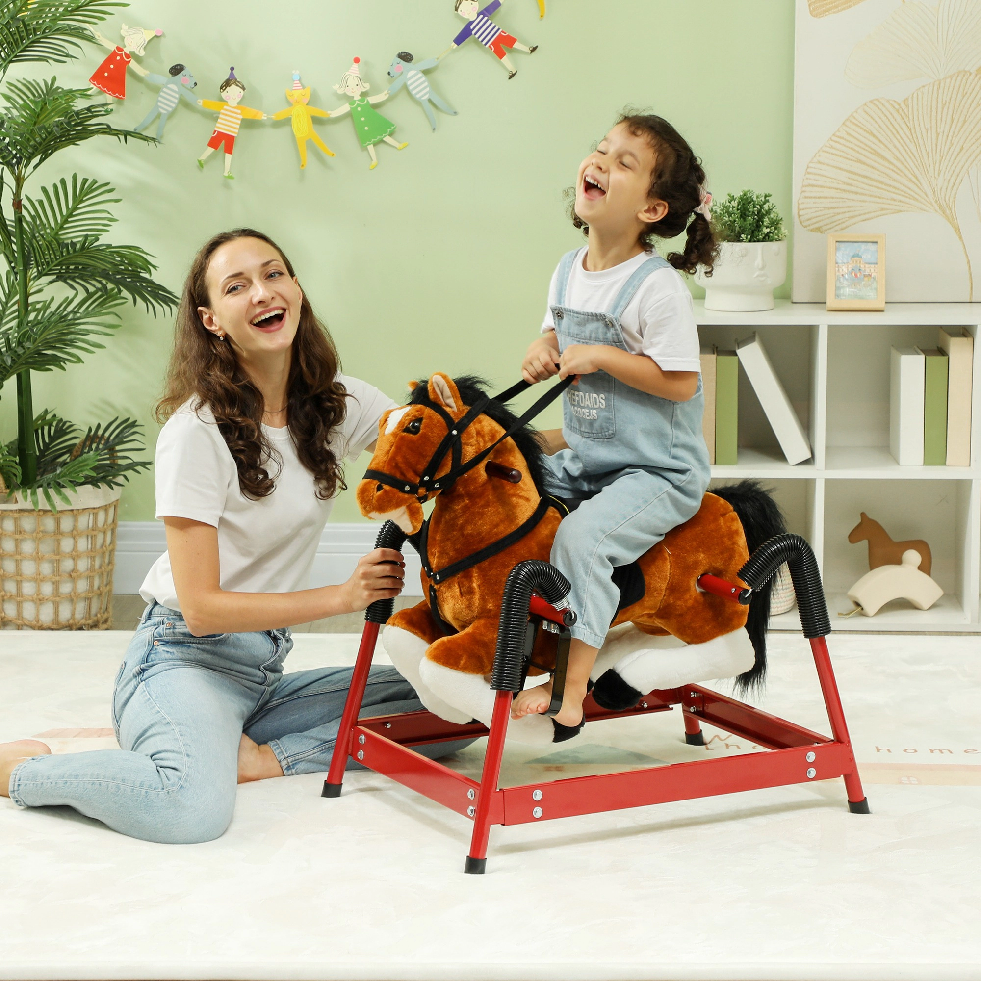HONGGE Spring Rocking Horse Toy with Sound Effects & Foot Stirrups, Plush Ride-On Horse for Kids Ages 3-8, Brown