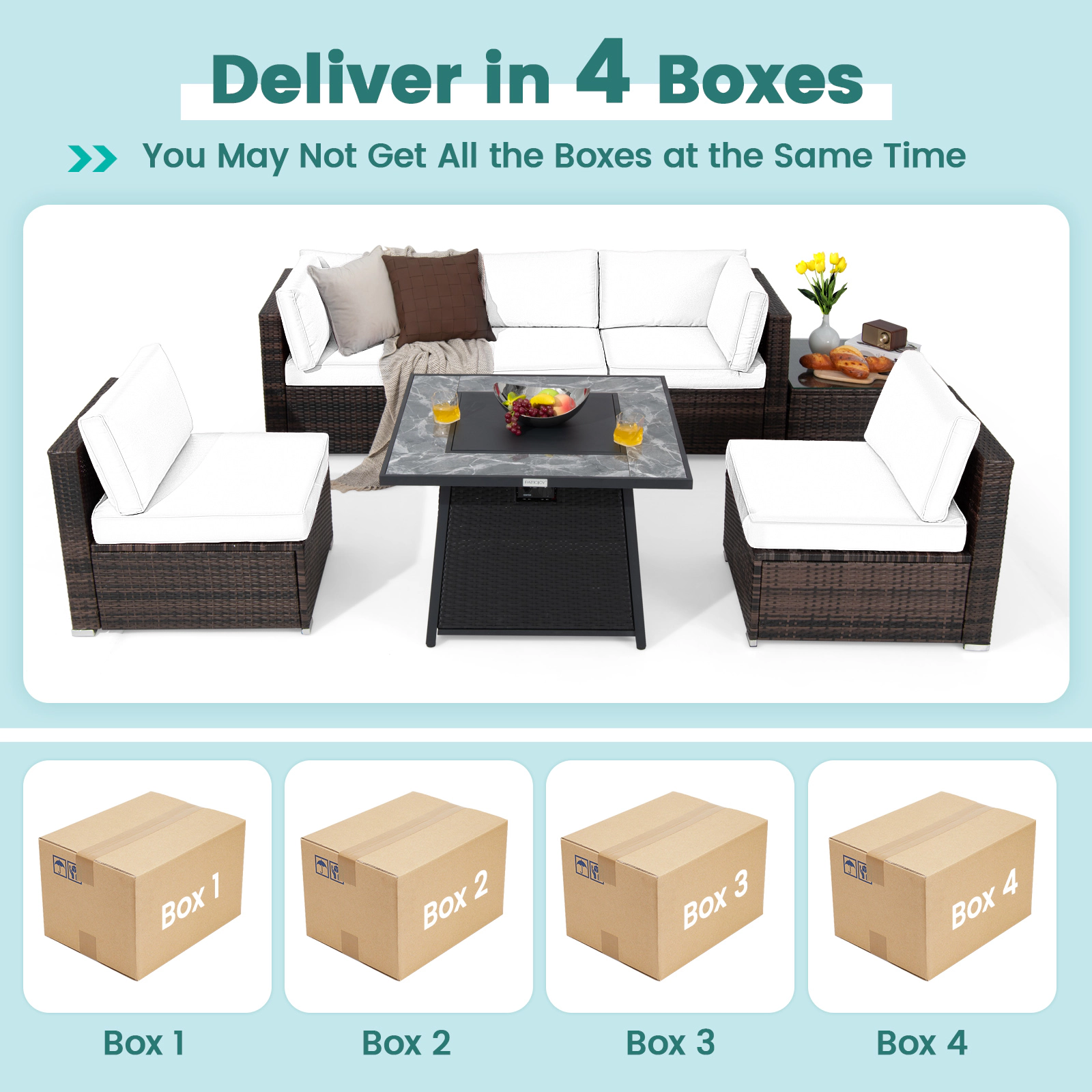 SUGIFT 7-Piece Red Patio Rattan Sectional Set with 50000-BTU Fire Pit Table 35-in W 24.5-in H 400-lb Sofa Capacity
