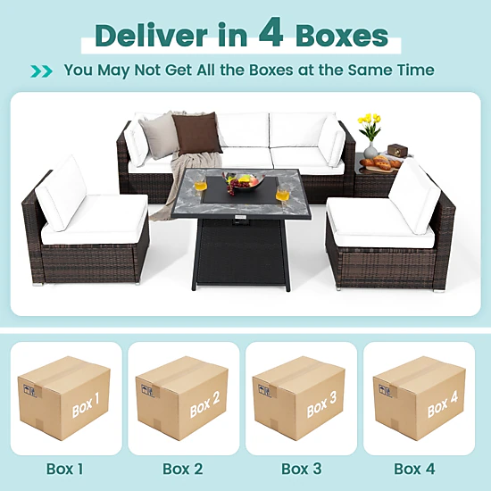SUGIFT 7-Piece Red Patio Rattan Sectional Set with 50000-BTU Fire Pit Table 35-in W 24.5-in H 400-lb Sofa Capacity