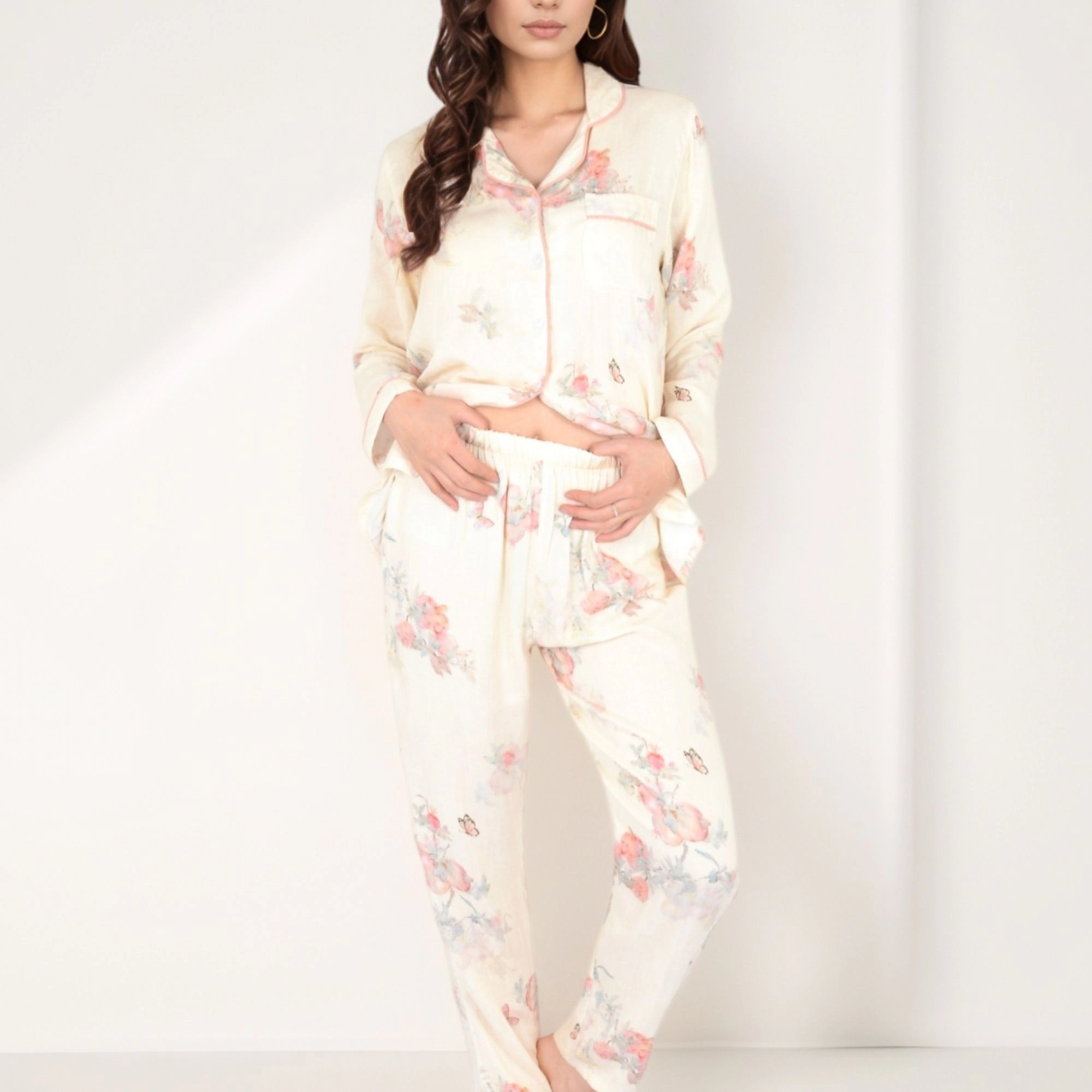 Anna-Kaci Women's Floral Butterfly Print Long Sleeve Pajama Set with Button Up Top Chest Pocket and Relaxed Fit Pants