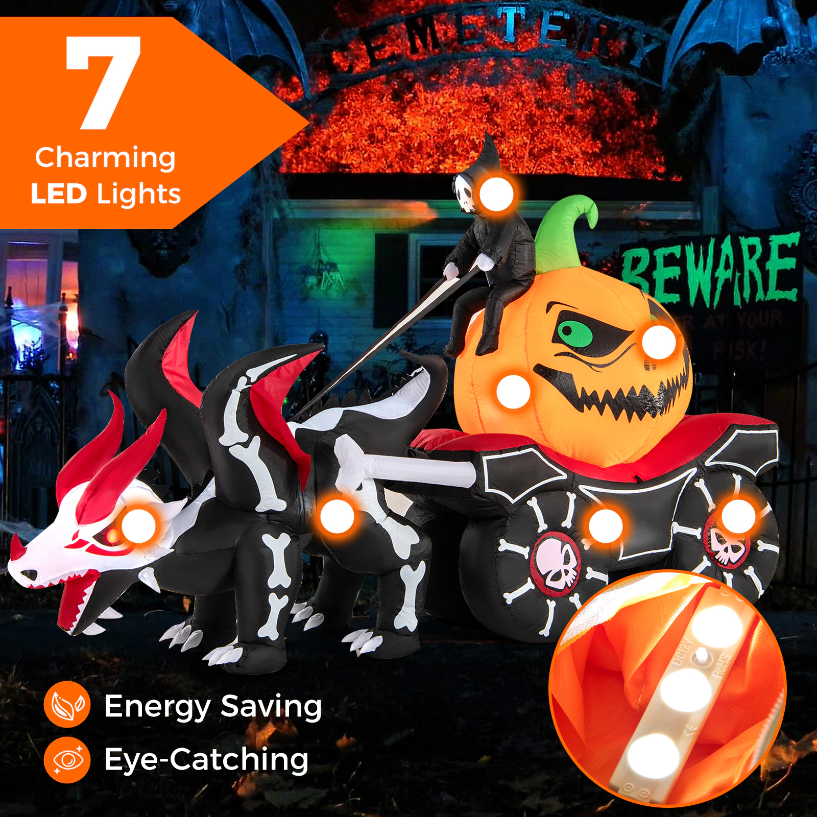 LJG Halloween Inflatable LED Lighted Carriage with Pumpkin and Skeleton Dragon