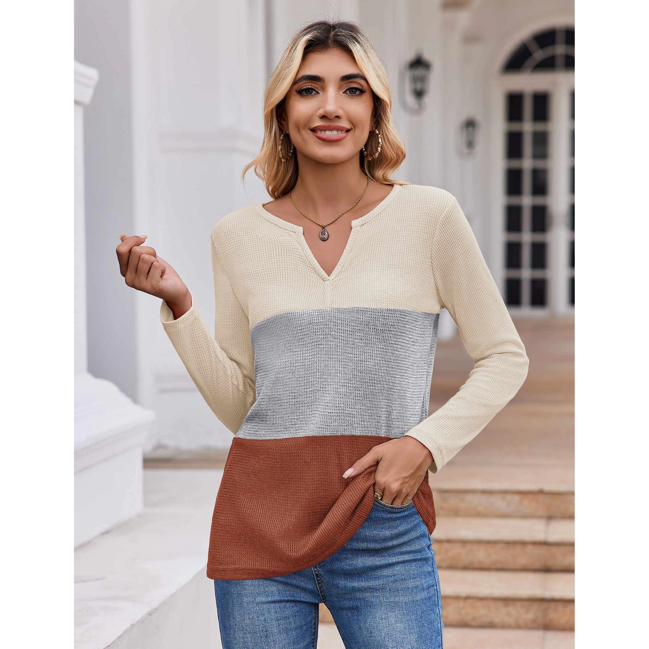 Zeagoo Women Waffle Knit V Neck Tunic Top