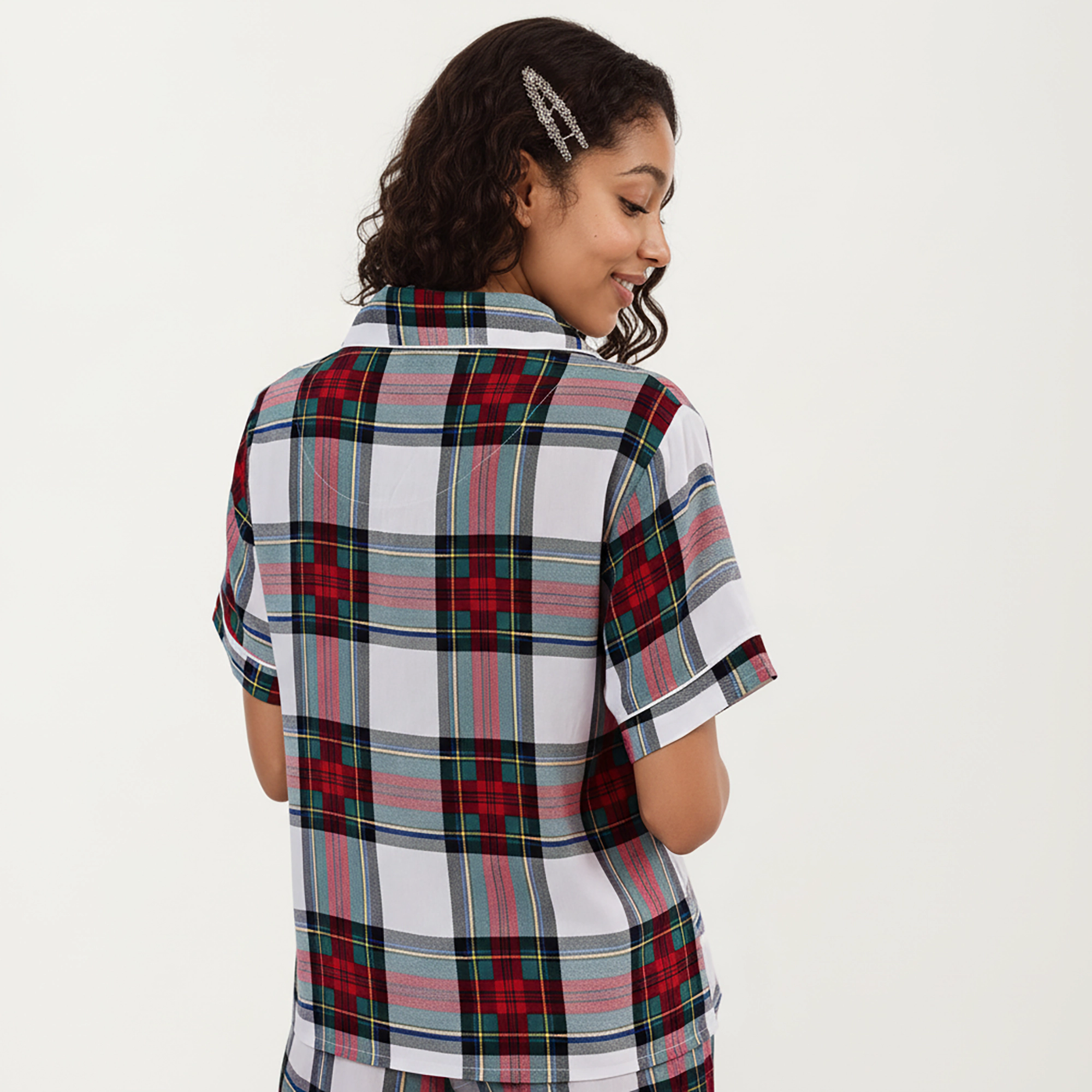 Anna-Kaci Women's Short Sleeve Plaid Button Up Pajama Set with Pocket