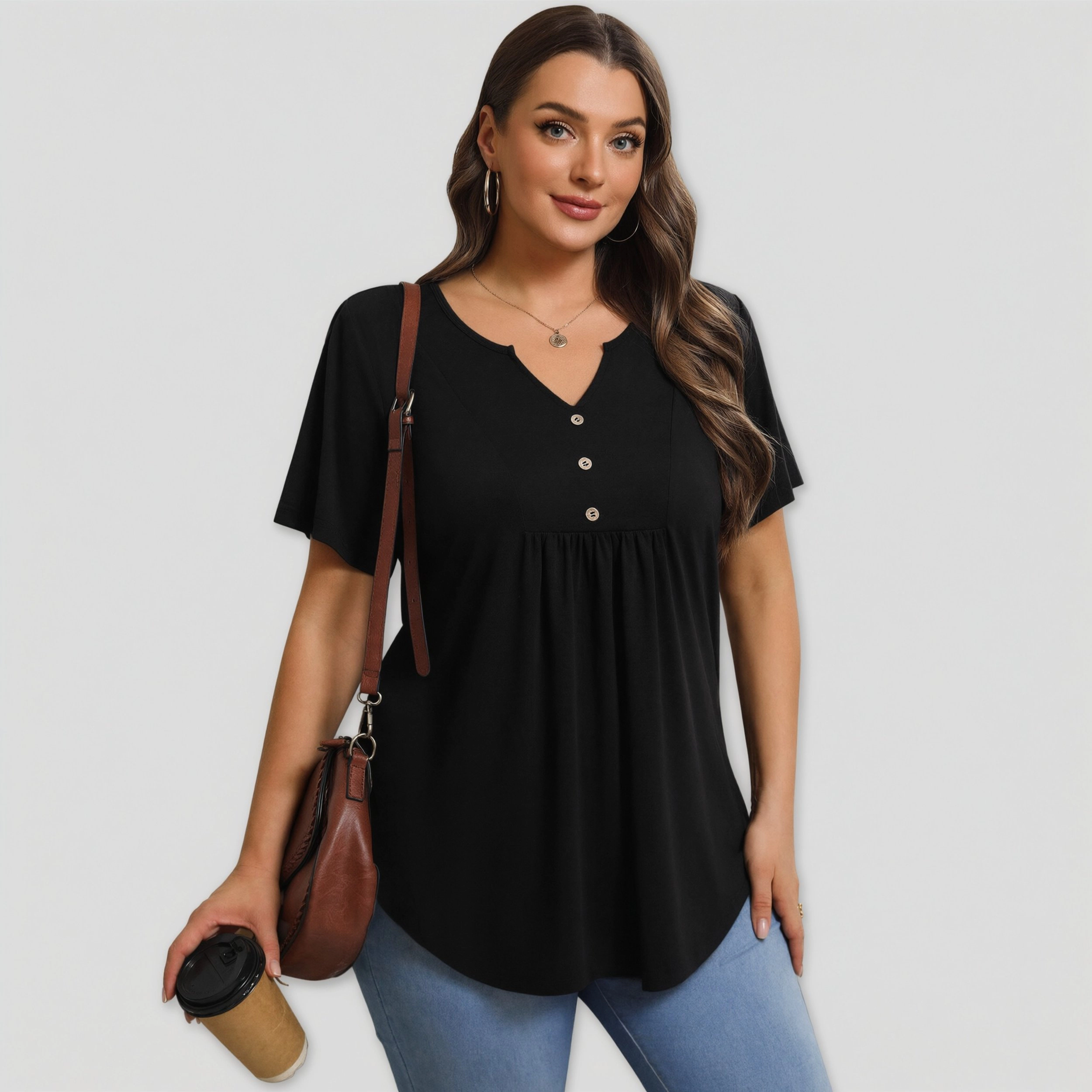 Zeagoo Women Button Front V Neck Tunic Blouse