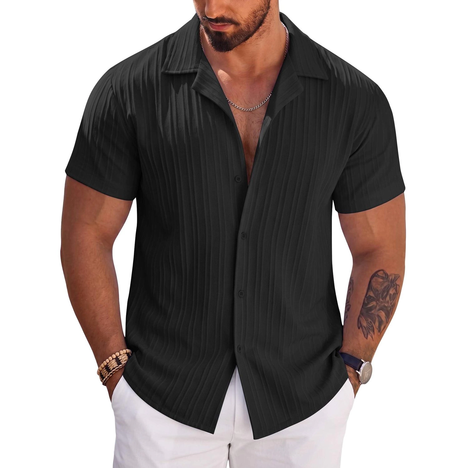COOFANDY Mens Short Sleeve Button Down Shirts  Lapel Collar Ribbed Casual Tops