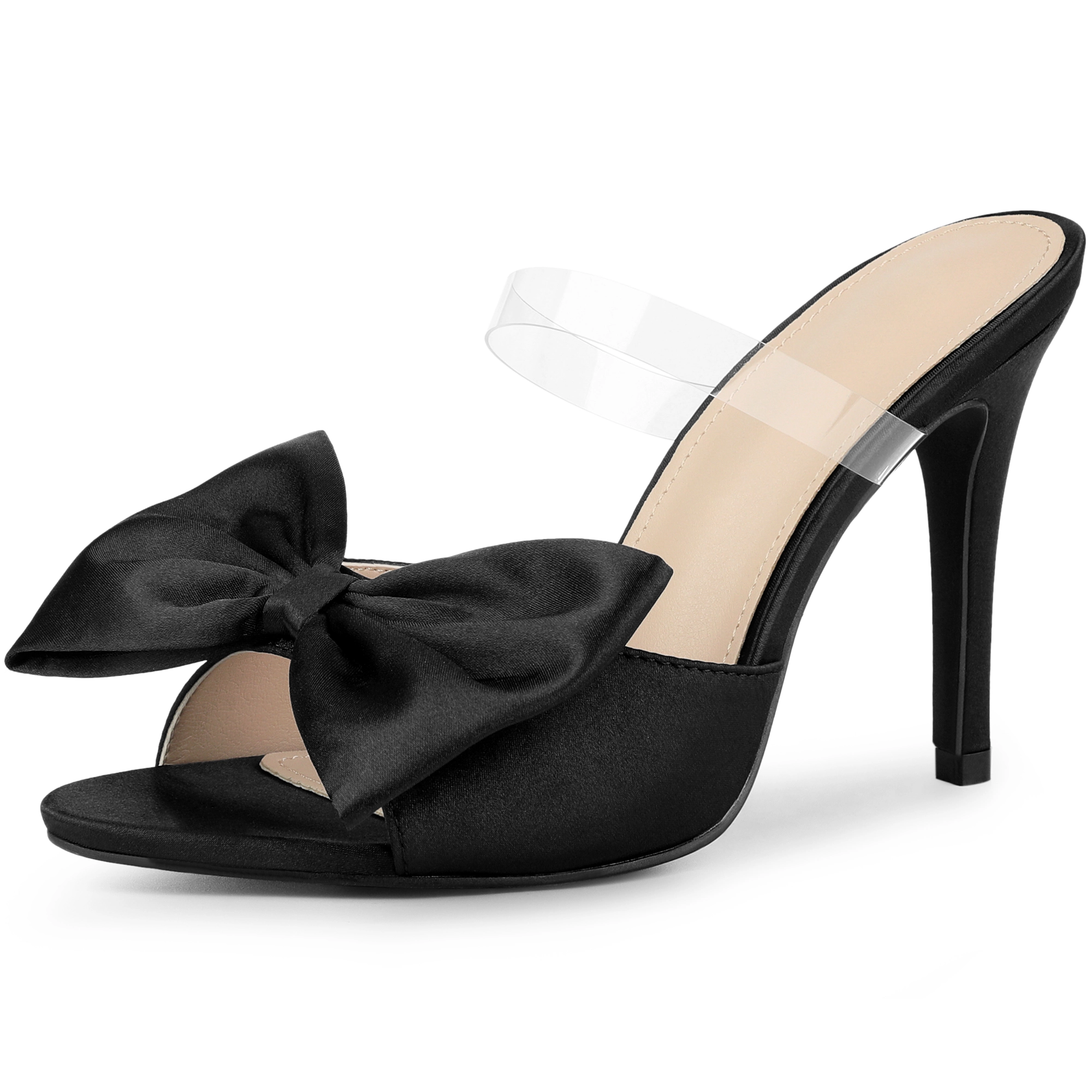 BLISSFUL STEP Women's Satin Bow Clear Strap Stiletto Heels Mules Sandals