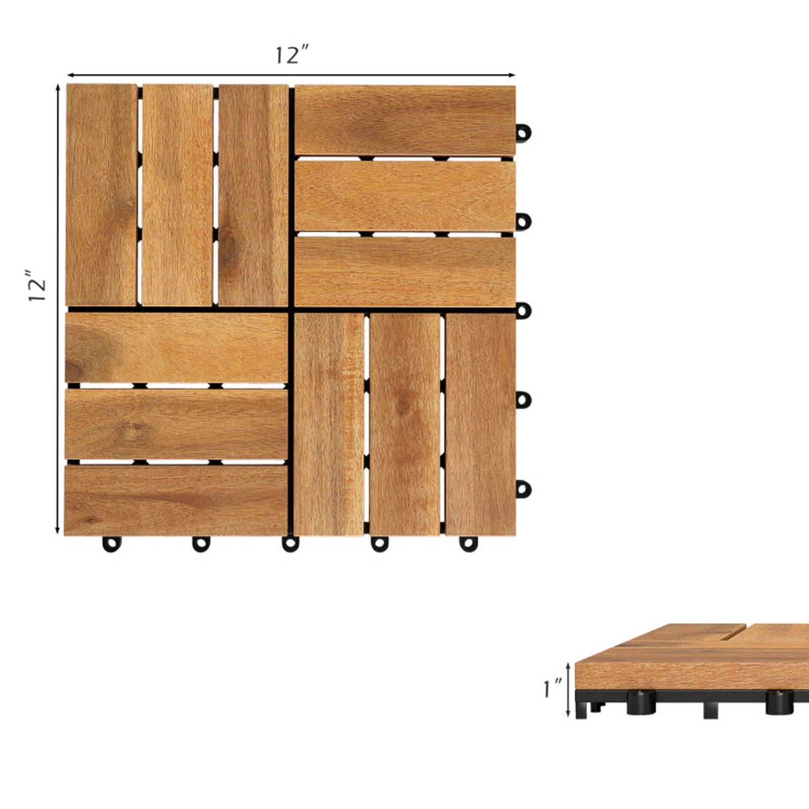 SUGIFT 54-Piece 12-in Natural Acacia Wood Interlocking Deck Tiles with Waterproof Diamond PP Base