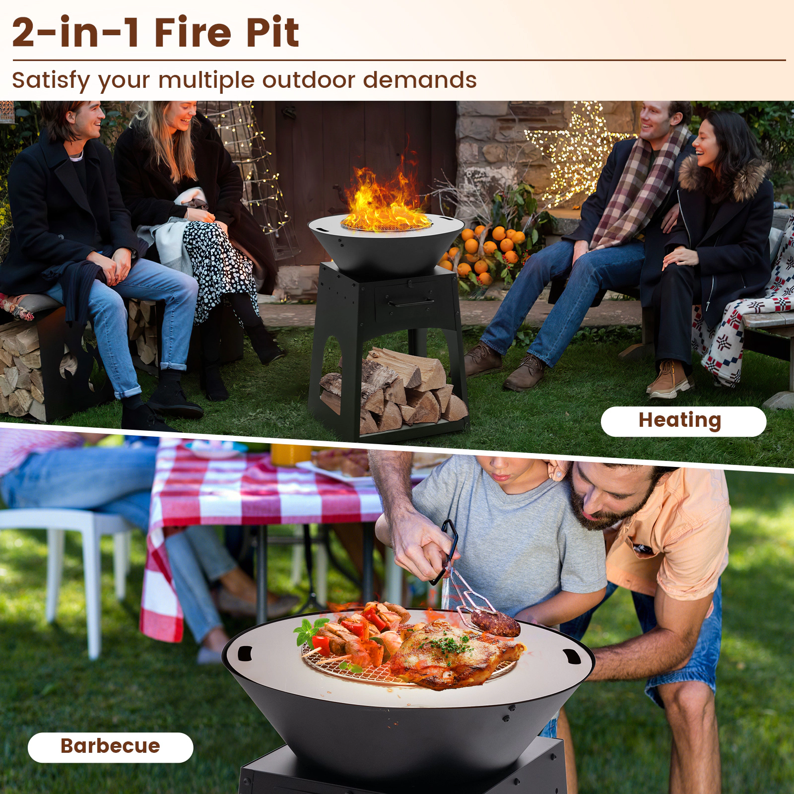 SUGIFT 23-In Wood-Burning Outdoor Fire Pit with Grill, Log Rack, Ash Box and Poker