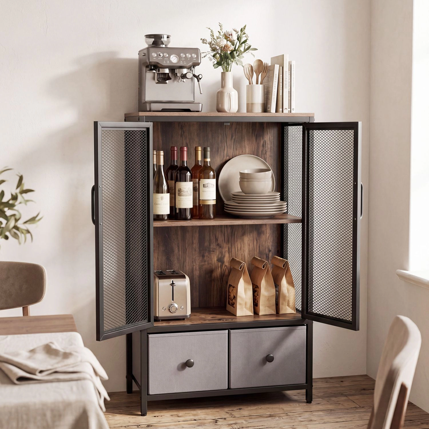 SlickBlue Unisex Rustic Brown Coffee Bar Cabinet with Storage