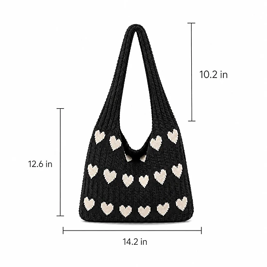 Alilang Women's Knitted Heart Tote Bag Large Capacity Casual Shoulder Bag Lightweight Daily Bag, Ivory