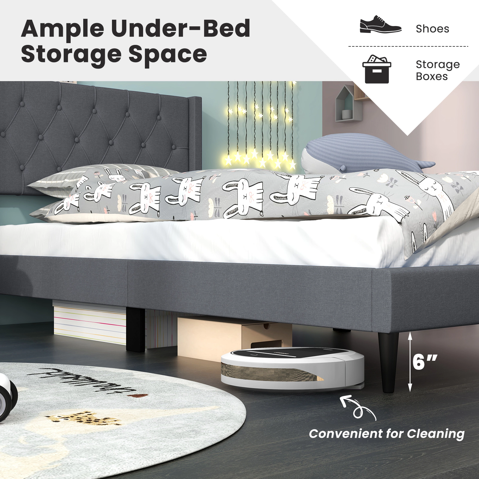 SUGIFT Button Tufted Wingback Upholstered Twin Platform Bed Frame Headboard 290-Lb Capacity 76-in Length 6-in Under-Bed