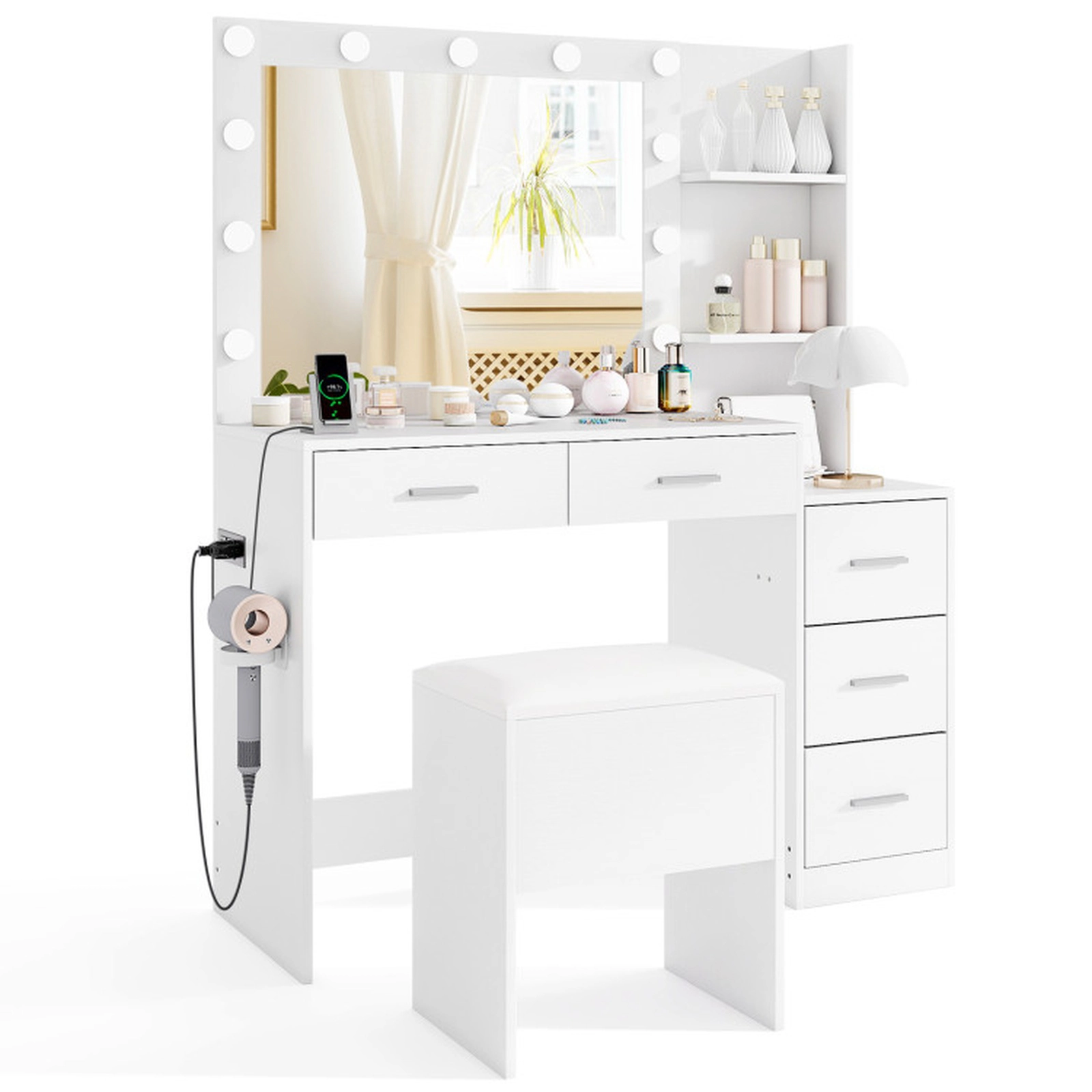 SUGIFT 2-Piece White Makeup Vanity Desk Set with Lighted Mirror, Charging Station, 5 Drawers
