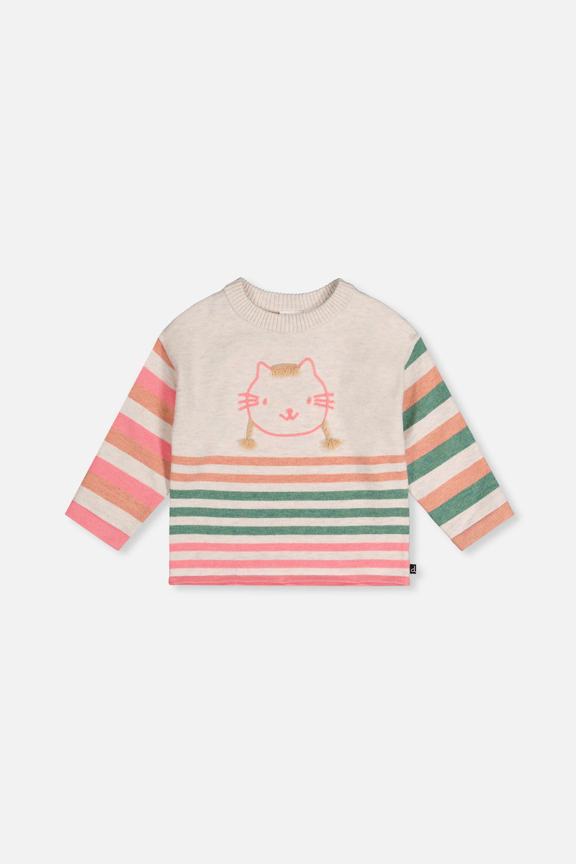 Deux par Girls Cat Appliqué Striped Knitted Sweater