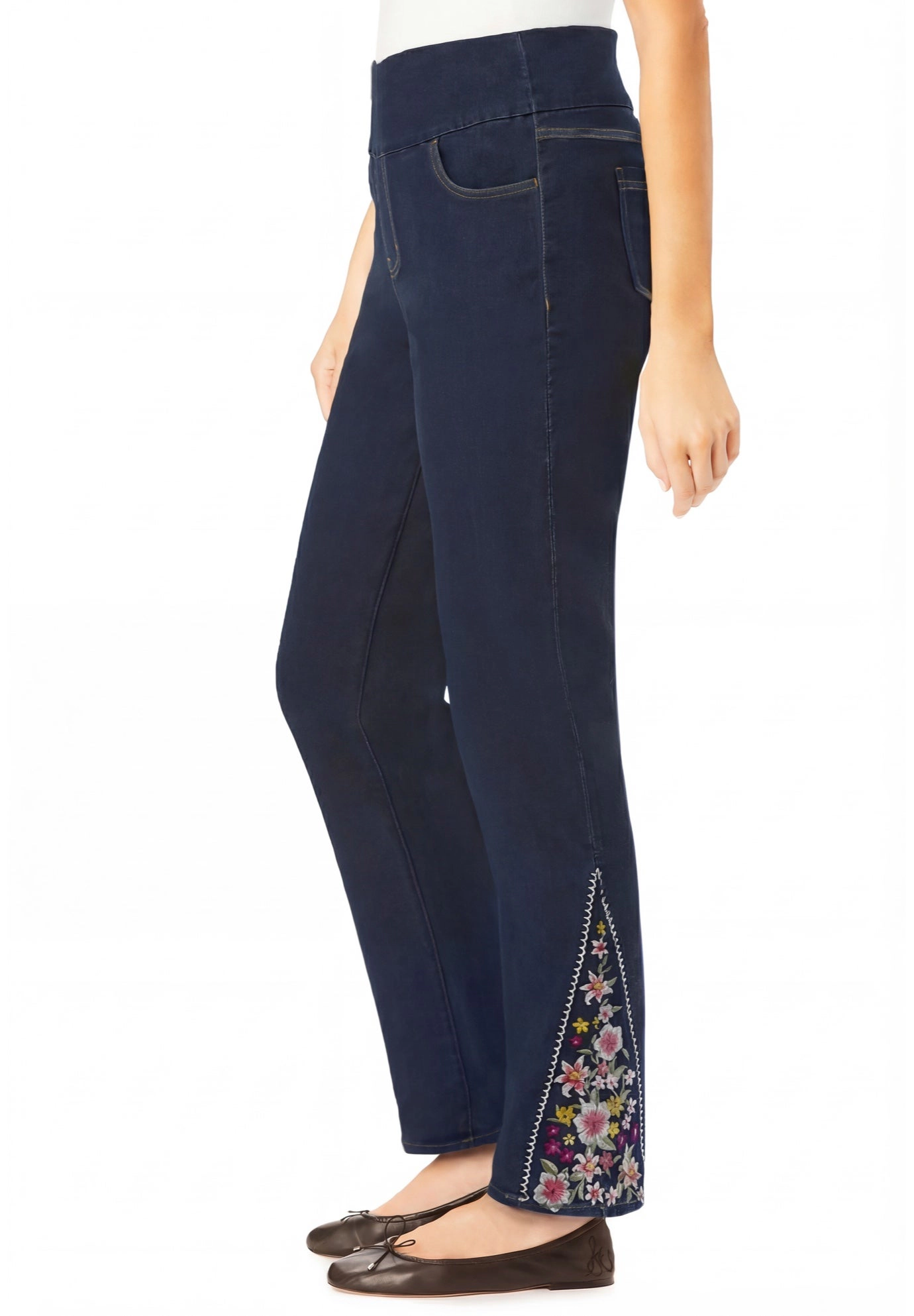 Woman Within Plus Smooth Waist Pull-On Flex Fit Straight-Leg Stretch Denim Jeans