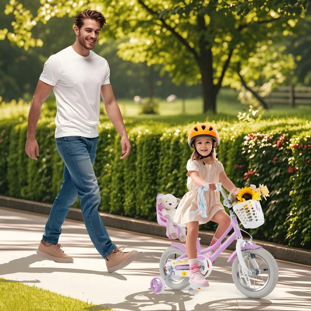 SUGIFT 12-In Girls Kids Bicycle with Dual Brakes Doll Seat Streamers & Training Wheels 145-lb Capacity Ages 3-4 Rose Red