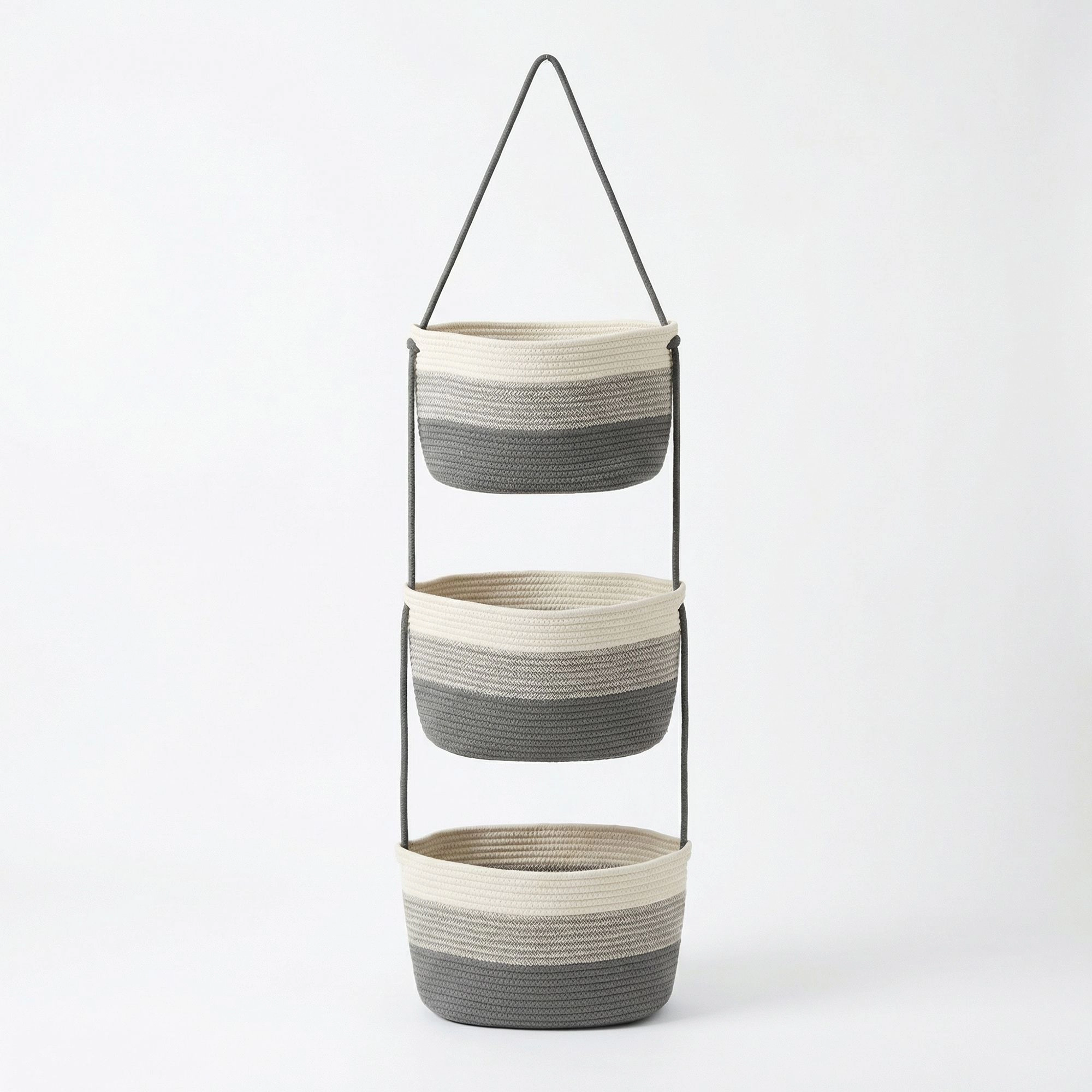 Alilang Unisex 3 Tier Hanging Storage Basket Cotton Rope Wall Organizer Neutral Space Saving