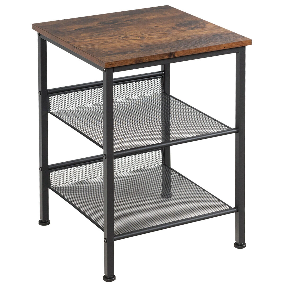 Slickblue Industrial End Table 16 Inch Rustic Wood Look Top Metal Frame Shelves