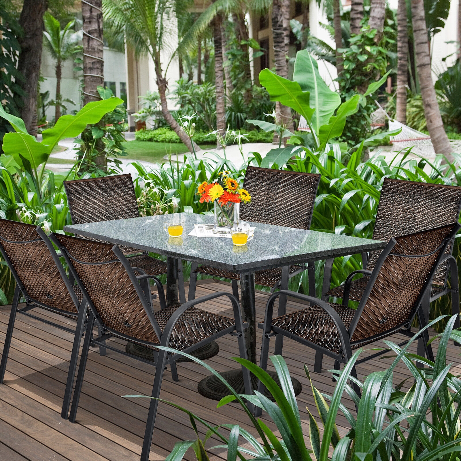 LJG Set of 6 Outdoor PE Wicker Stackable Chairs with Sturdy Steel Frame
