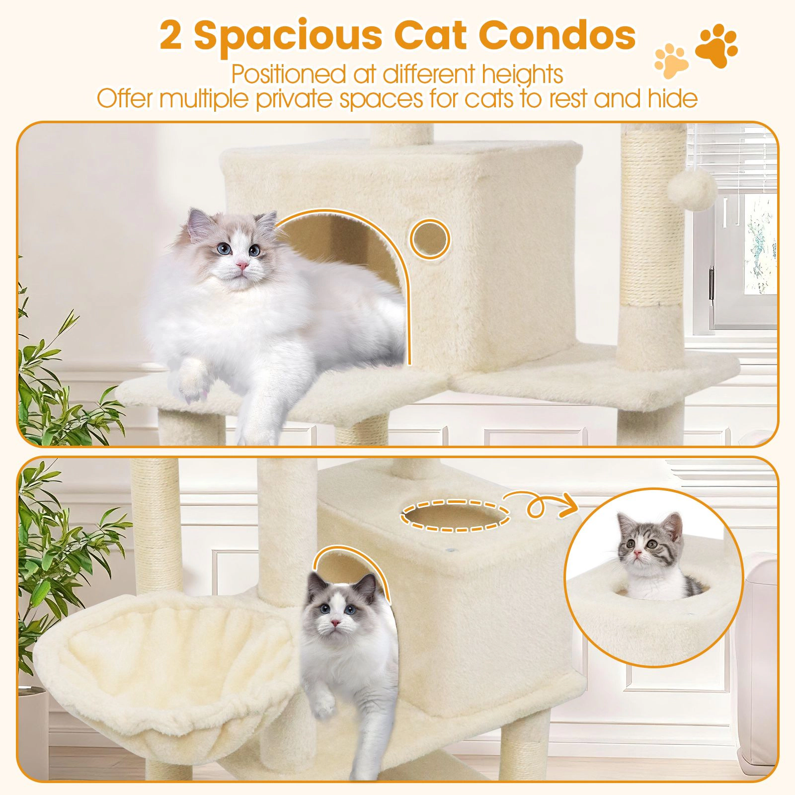 SlickBlue 66 Inch Cat Tower with 2 Condos, Hammock and Scratching Posts