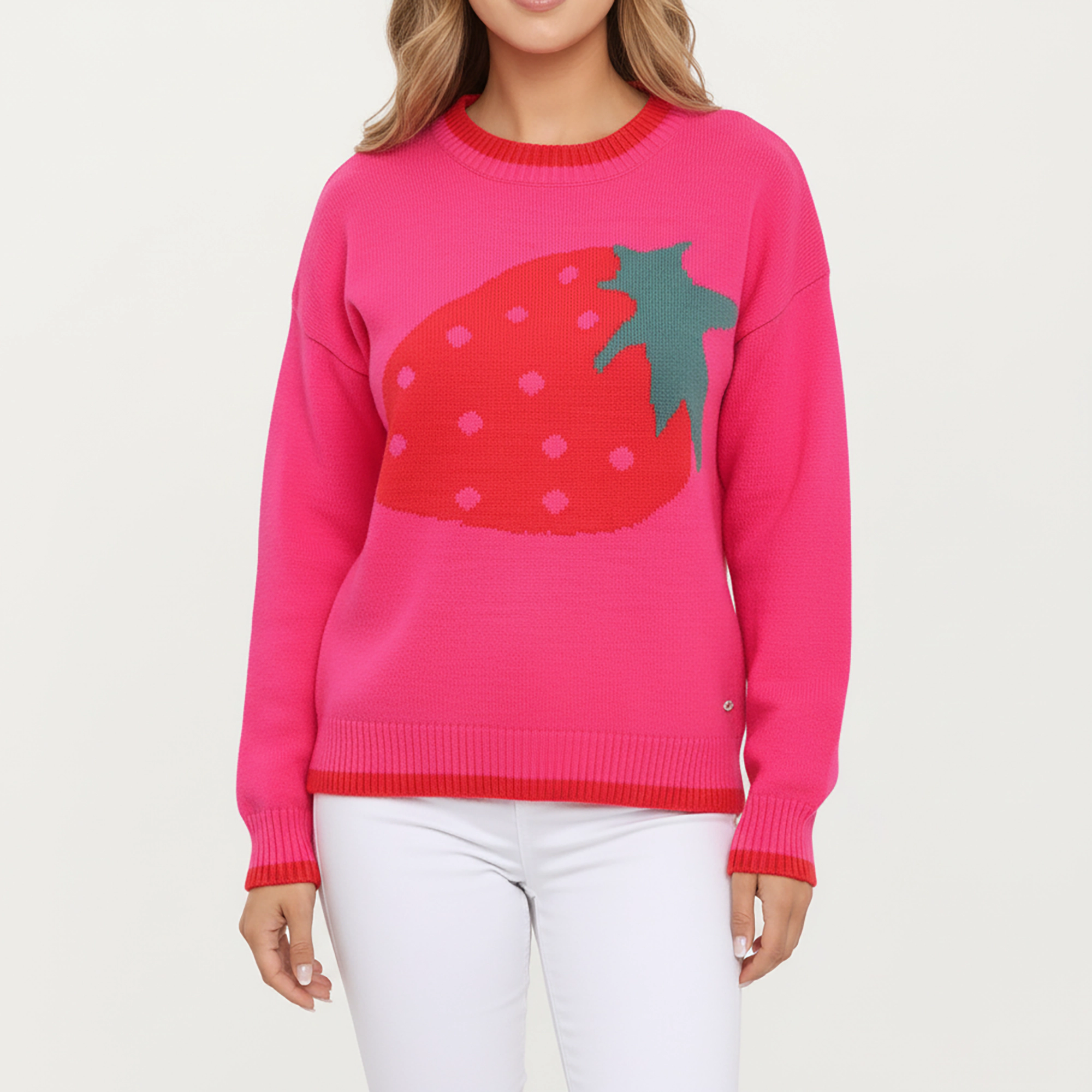 Anna-Kaci Women's Strawberry Graphic Knit Sweater with Cute Fruit Design Ribbed Crew Neckline and Relaxed Fit