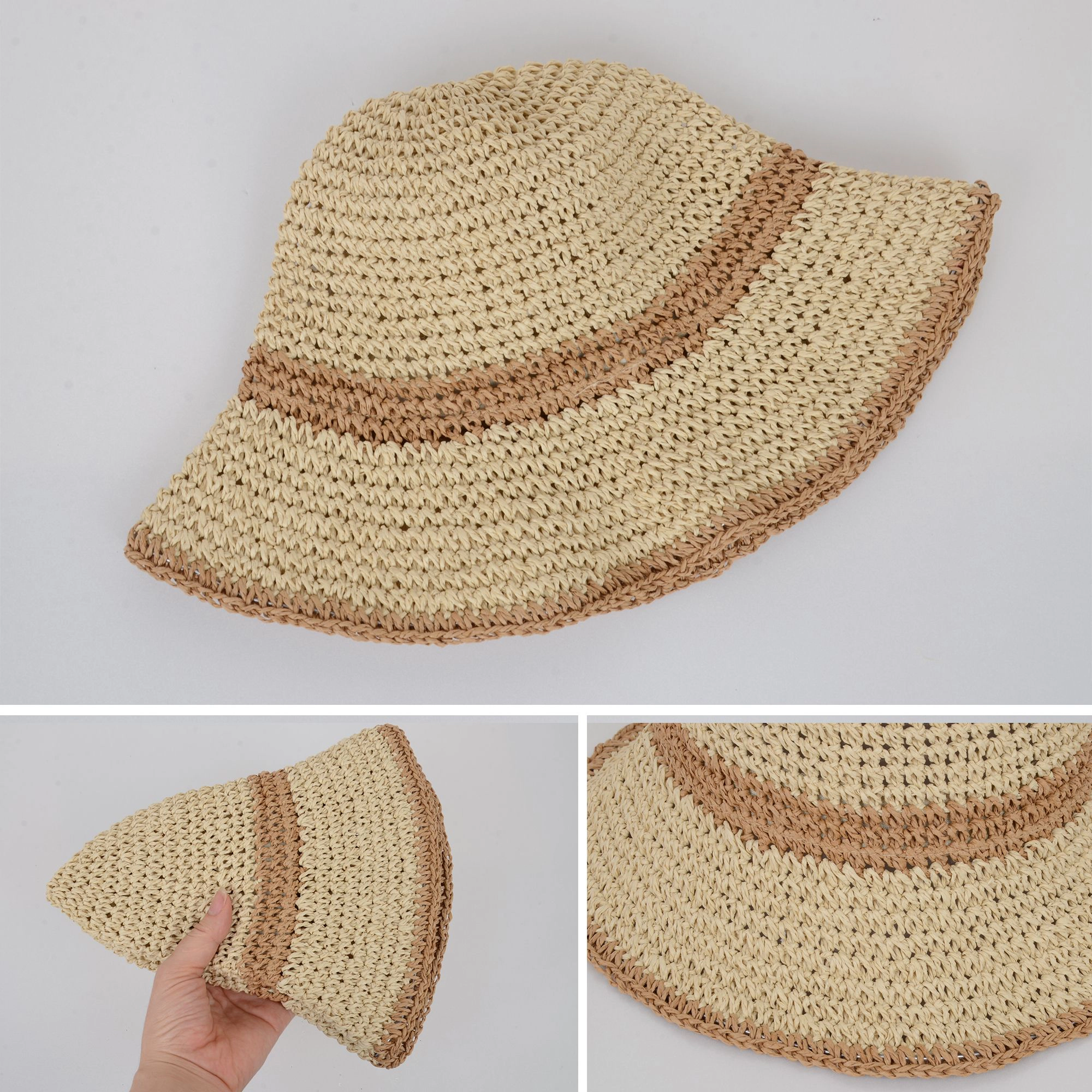 Anna-Kaci Women's Packable Crochet Straw Bucket Hat with Two-Tone Design Lightweight Summer Sun