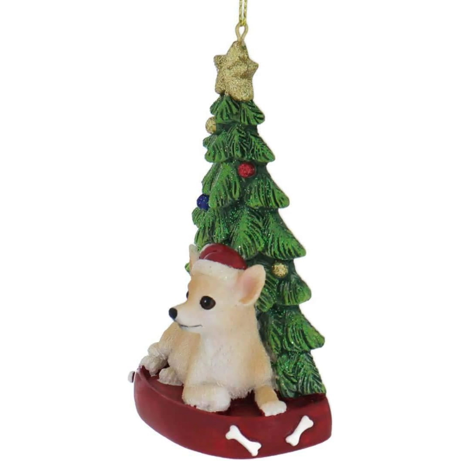 Kurt Adler Chihuahua Dog Laying Next to Christmas Tree Wearing Santa Hat Resin Ornament 4.25 inch