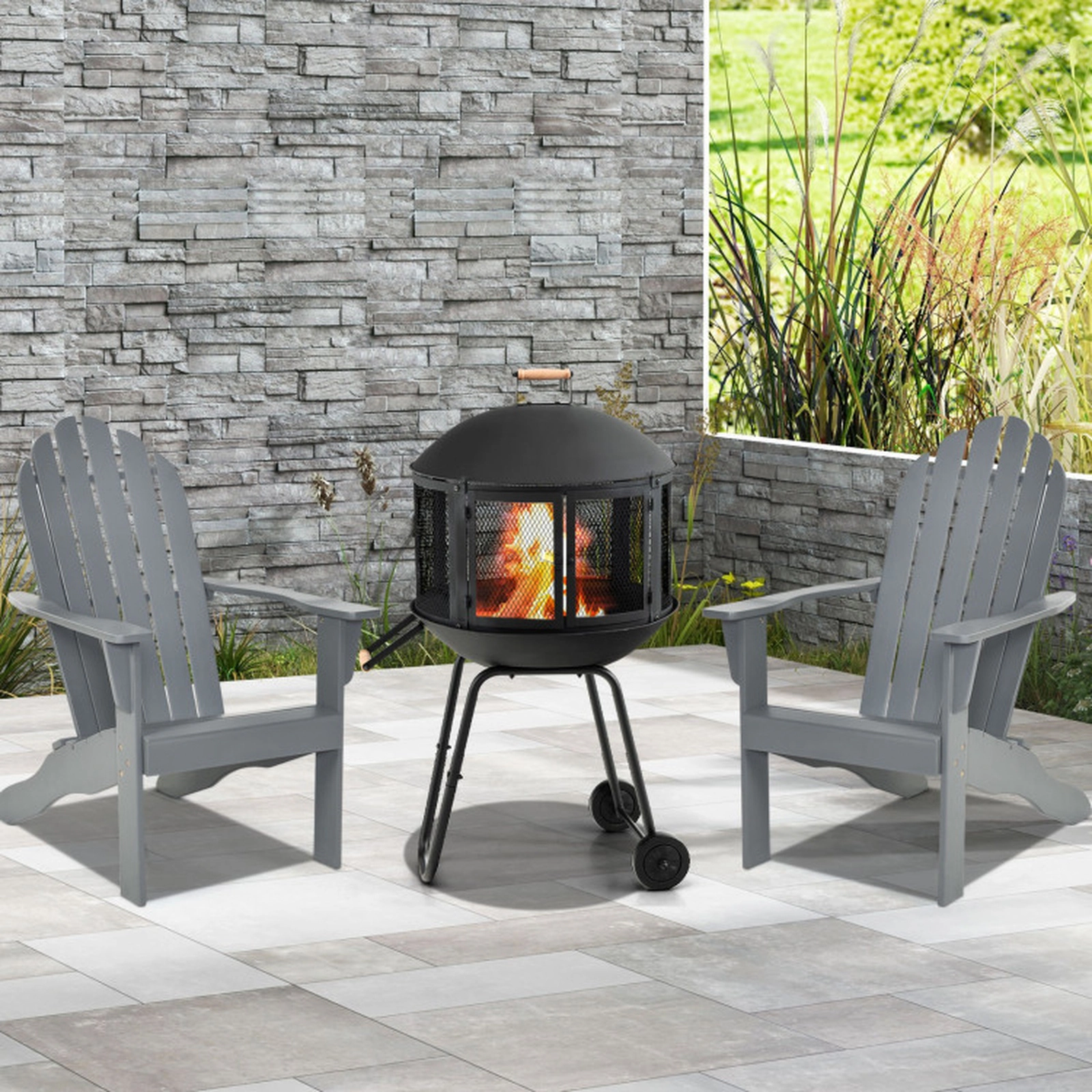 SUGIFT Portable Black Rolling Steel Fire Pit with Log Grate and Mesh Spark Cover 27-in W 20-in D 42.5-in H
